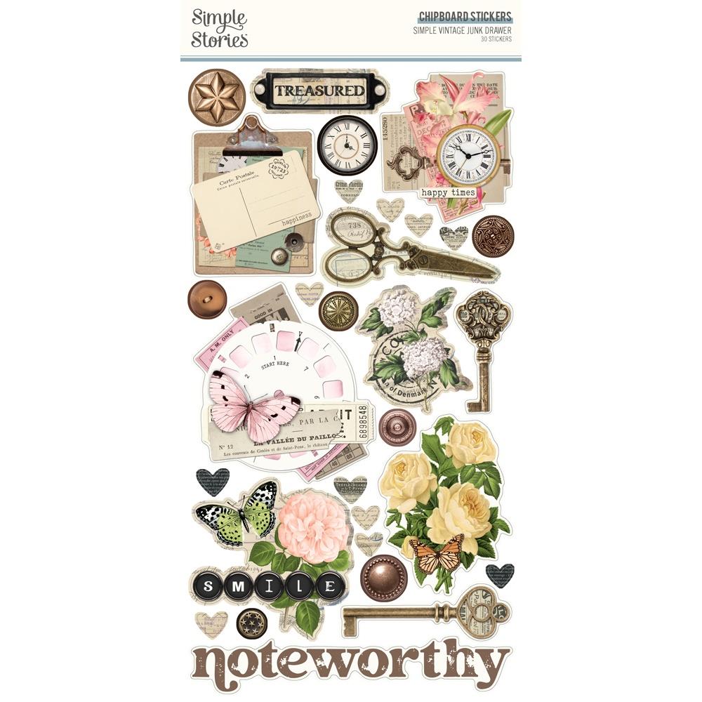 New Simple Stories Chipboard Stickers 6"x12" 30/pkg Simple Vintage Junk Drawer