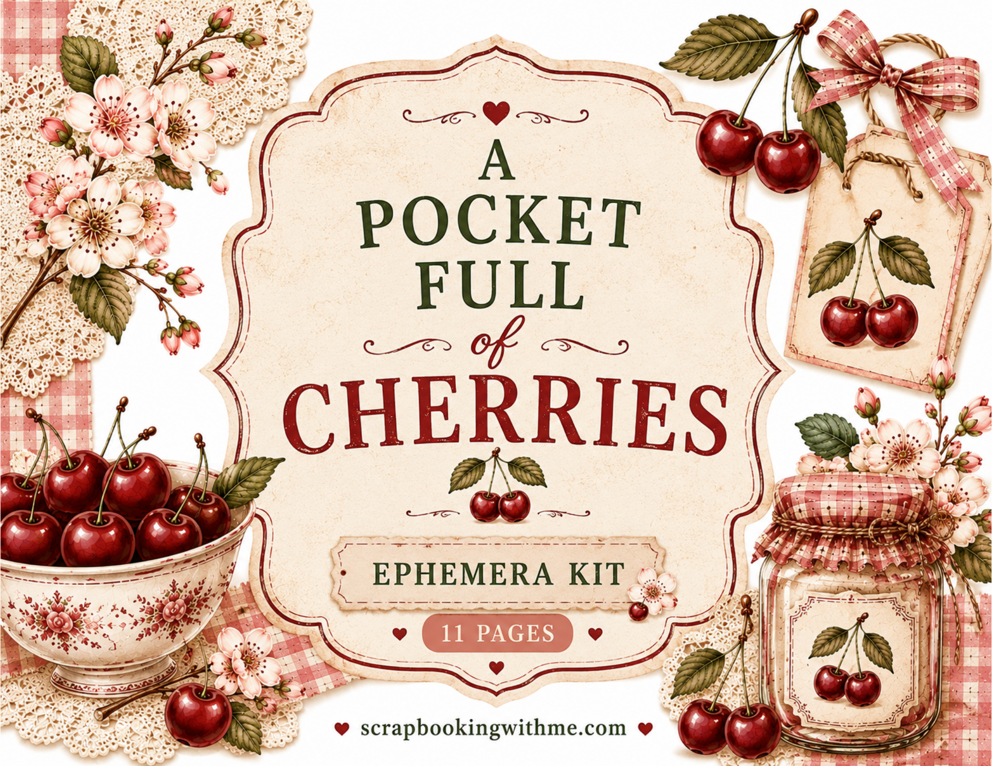 PRINT & SHIP New! Pocket Full of Cherries Ephemera Kit ~ 11 pages by Bethany
