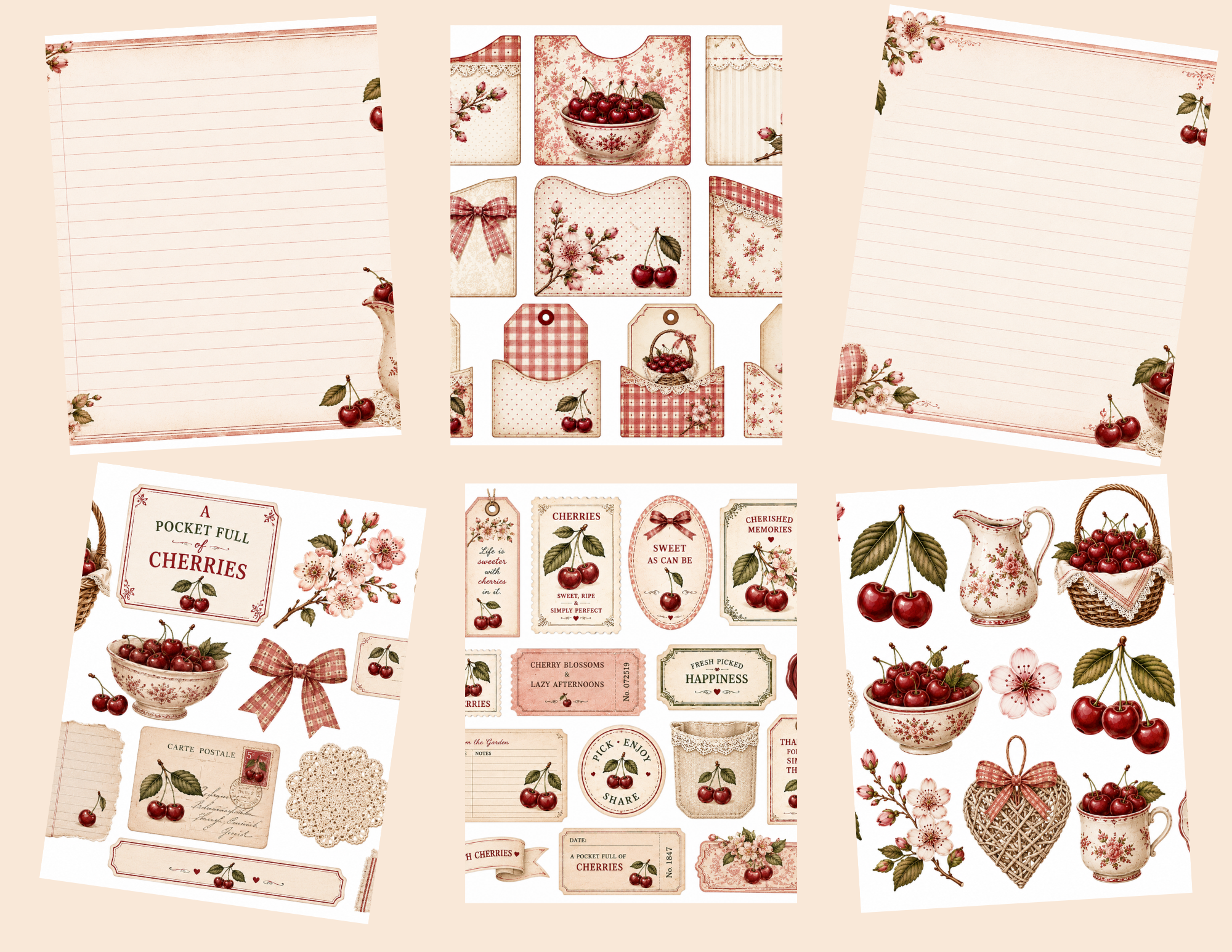 PRINT & SHIP New! Pocket Full of Cherries Ephemera Kit ~ 11 pages by Bethany