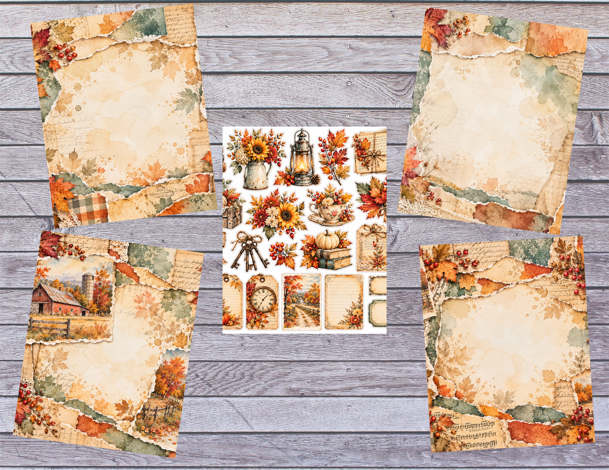 New! PRINT & SHIP Autumn Through Torn Pages | Vintage Fall Journal Kit ~ 12 pages by Bethany
