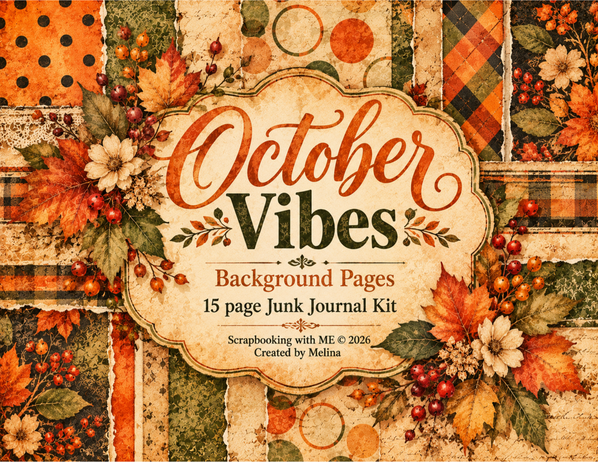 NEW! October Vibes – 15 Vintage Fall Background Pages | Printable Junk Journal Kit by Melina
