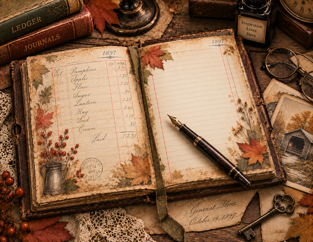 NEW! Print & Ship The Autumn Bookkeeper by E – An 1890s Vintage Ledger Junk Journal Collection | 25 Pages