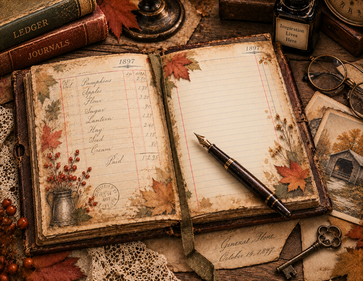 NEW! Print & Ship The Autumn Bookkeeper by E – An 1890s Vintage Ledger Junk Journal Collection | 25 Pages
