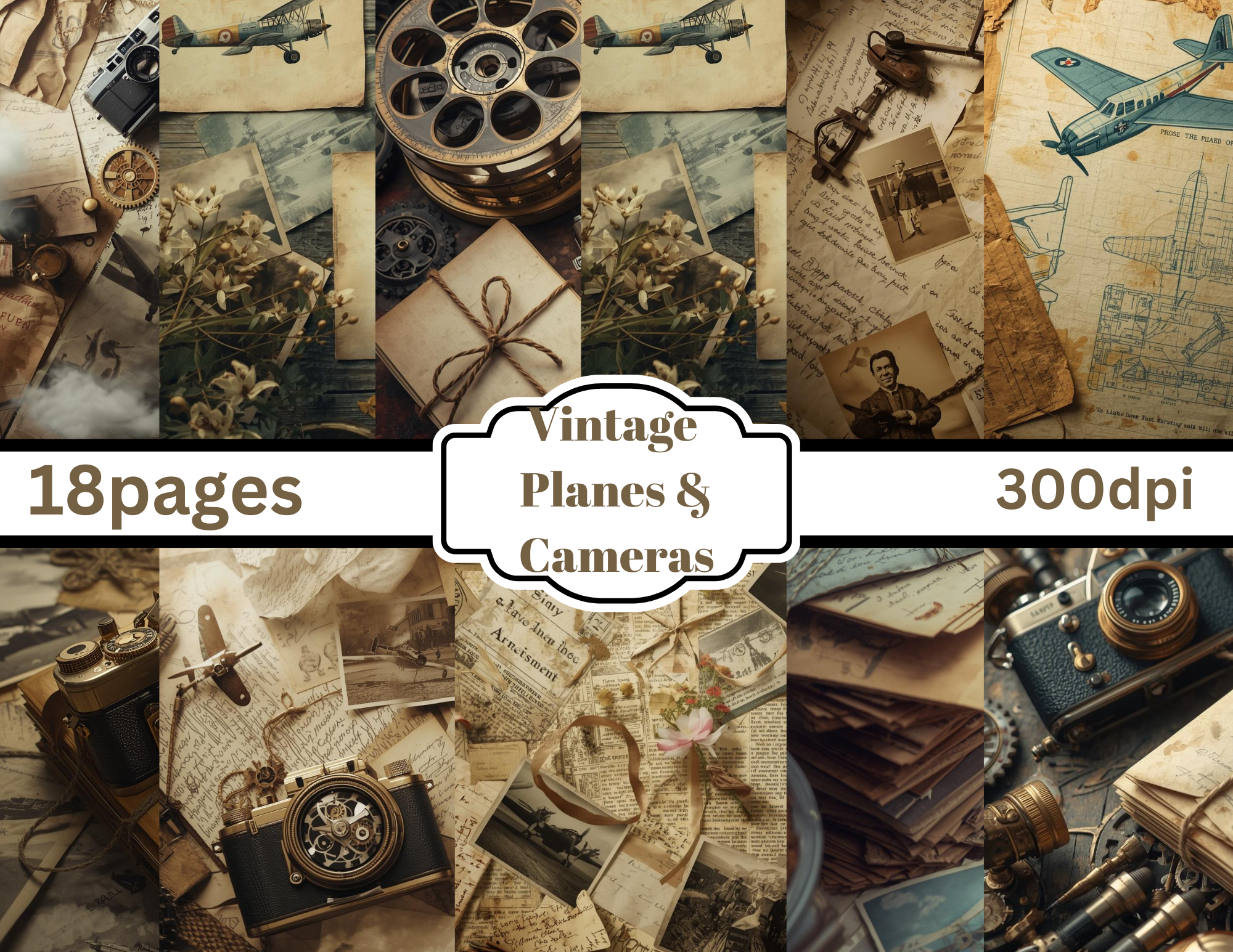 Vintage Planes & Cameras – Digital Junk Journal Pages (Printable PDF)