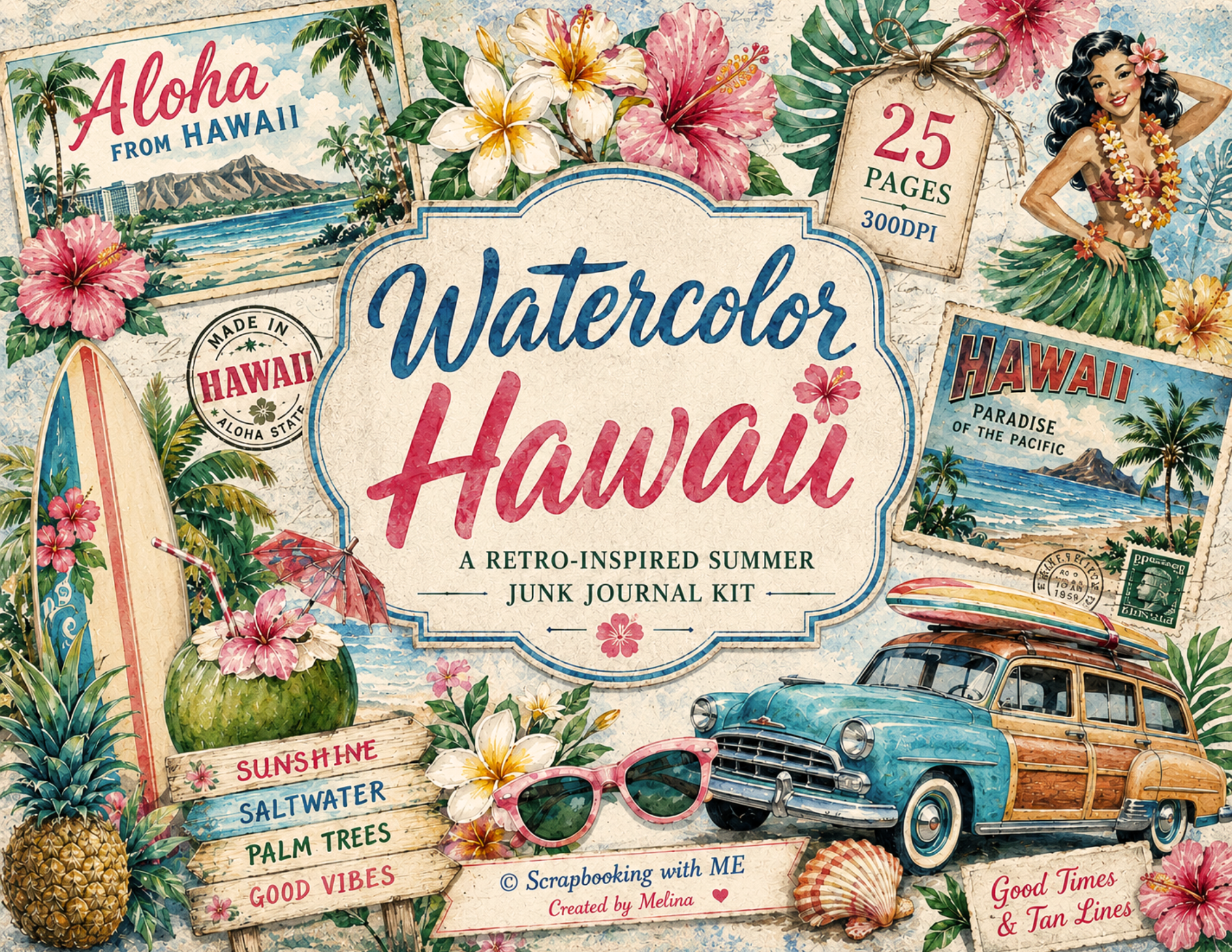 New! Watercolor Hawaii Digital Journal Kit ~ 25 pages by Melina