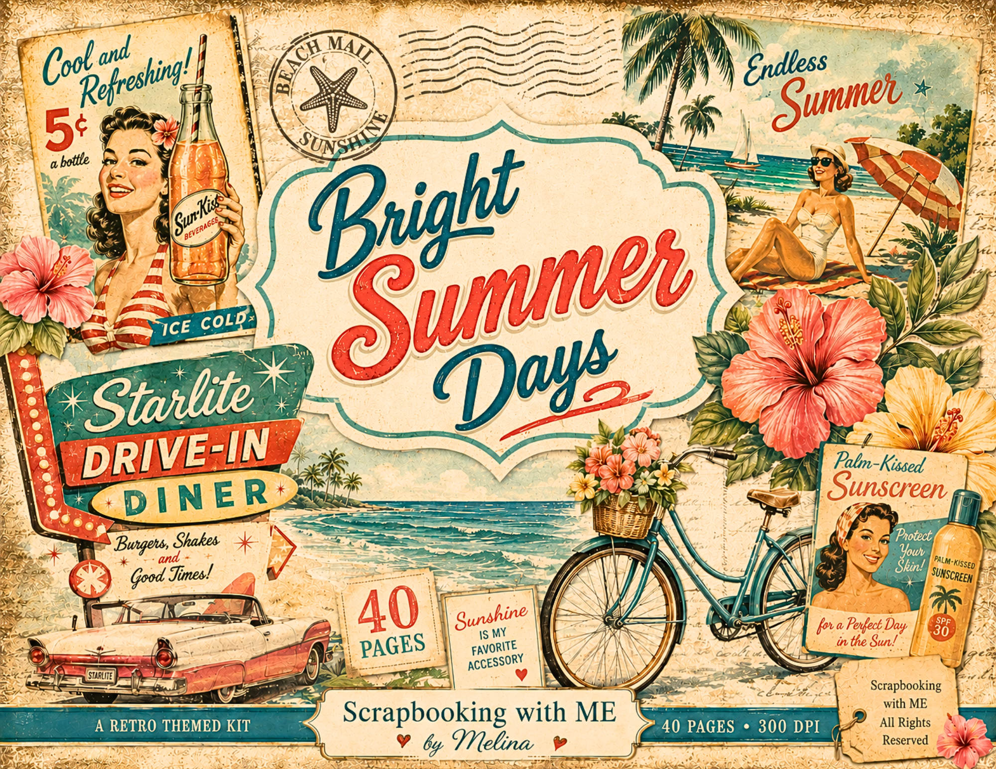 PRINT & SHIP New! Bright Summer Days – Retro Summer Journal Kit ~ 40 pages by Melina