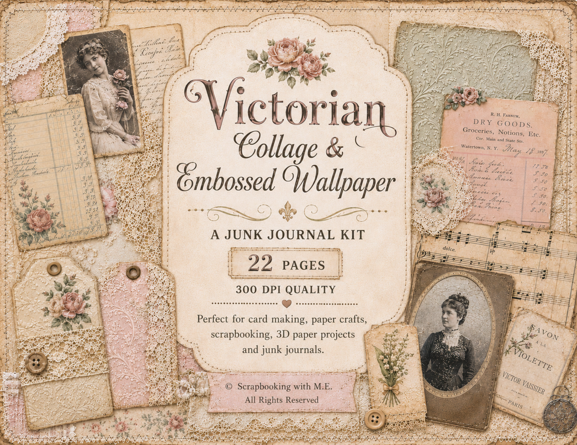 New! Victorian Collage & Embossed Wallpaper Digital Journal Kit ~ 22 pages by Melina