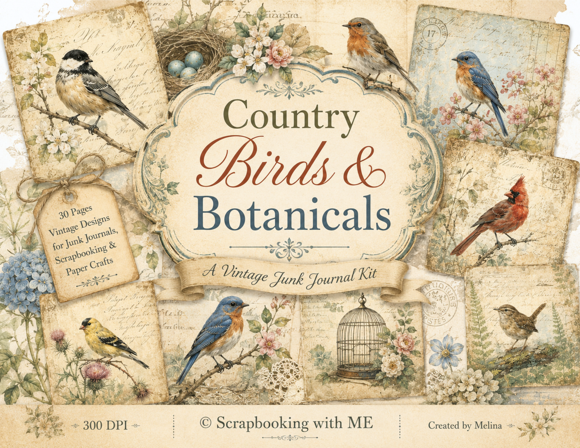 PRINT & SHIP New! Country Birds & Botanicals Journal Kit ~ 30 pages by Melina