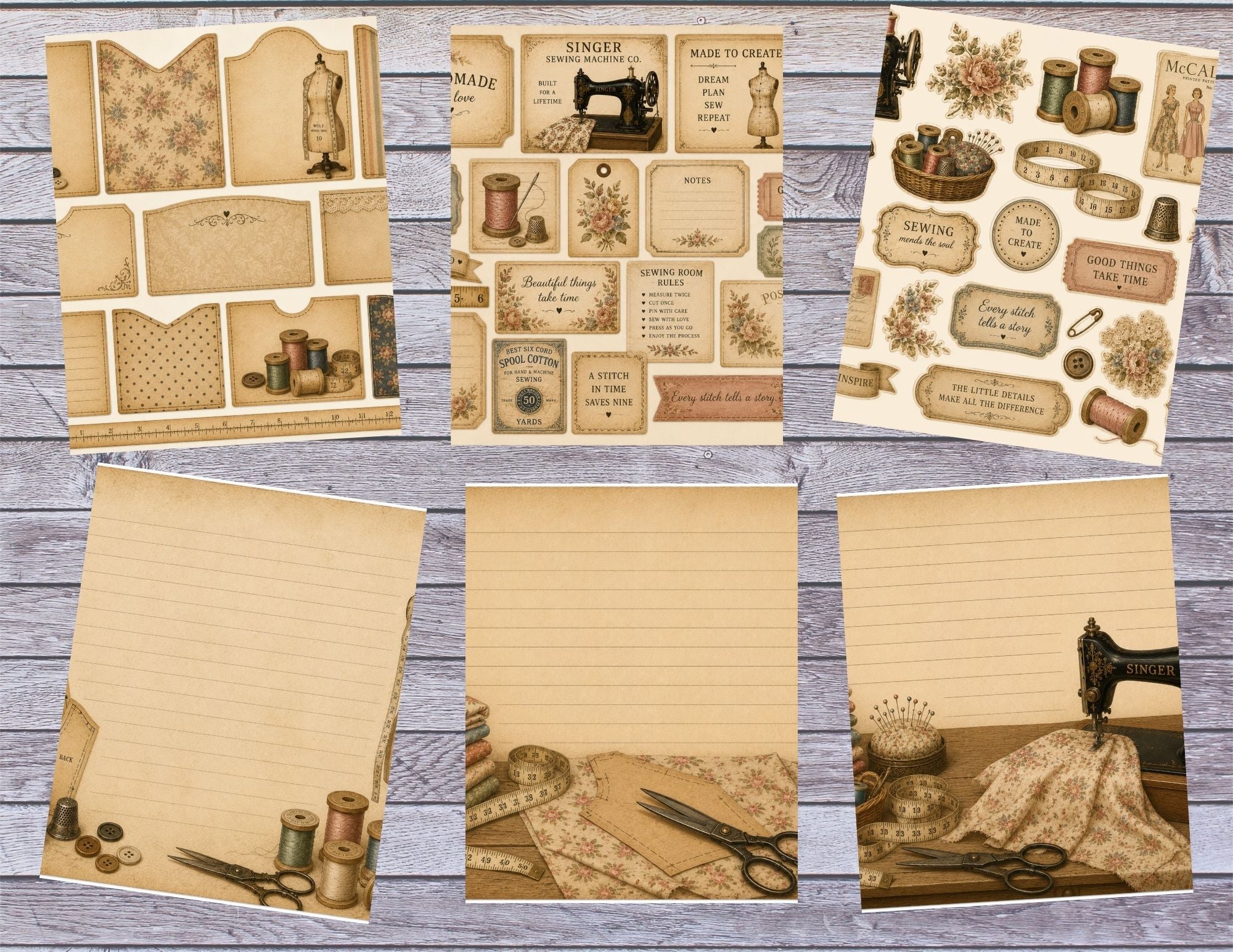 New! Stitched Memories Junk Journal Kit, Vintage Sewing Ephemera 16 pages by E