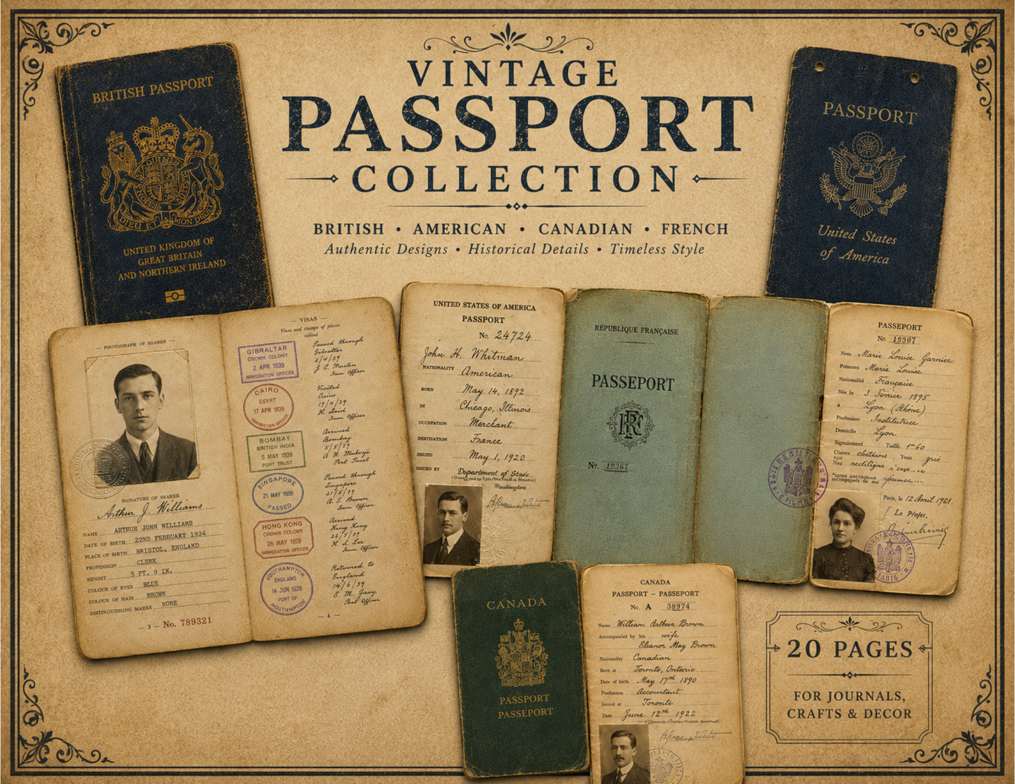 New! Vintage Passports Digital Journal Kit ~ 20 pages by E