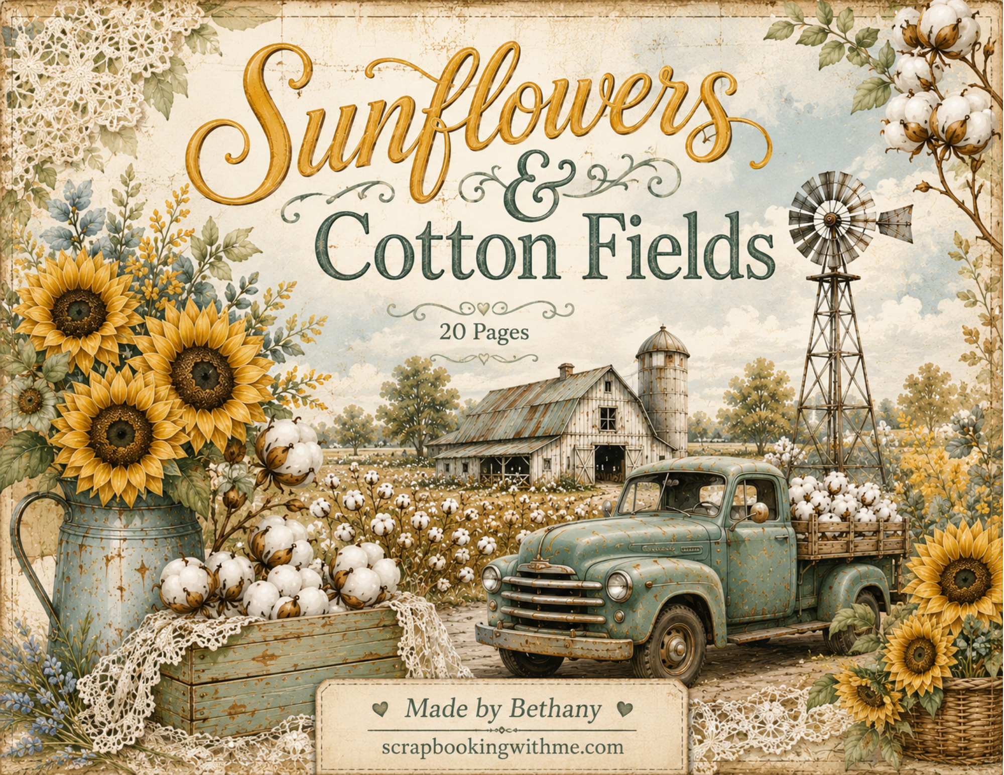 New! Sunflowers & Cotton Fields Digital Journal Kit ~ 20 pages by Bethany
