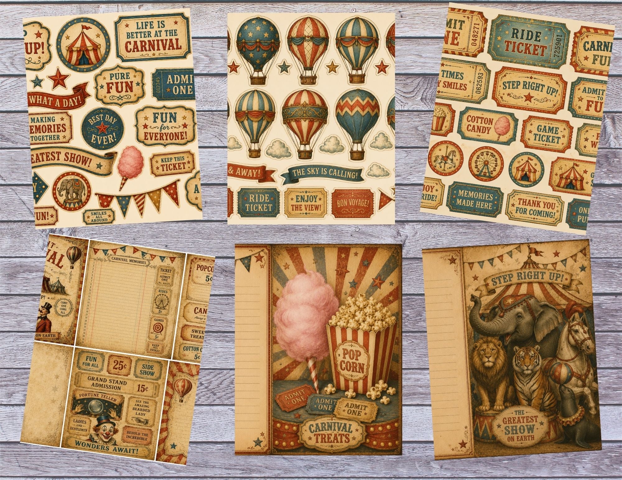 New! Vintage Carnival Junk Journal Kit, Circus Printable Pages, Carnival Ephemera
