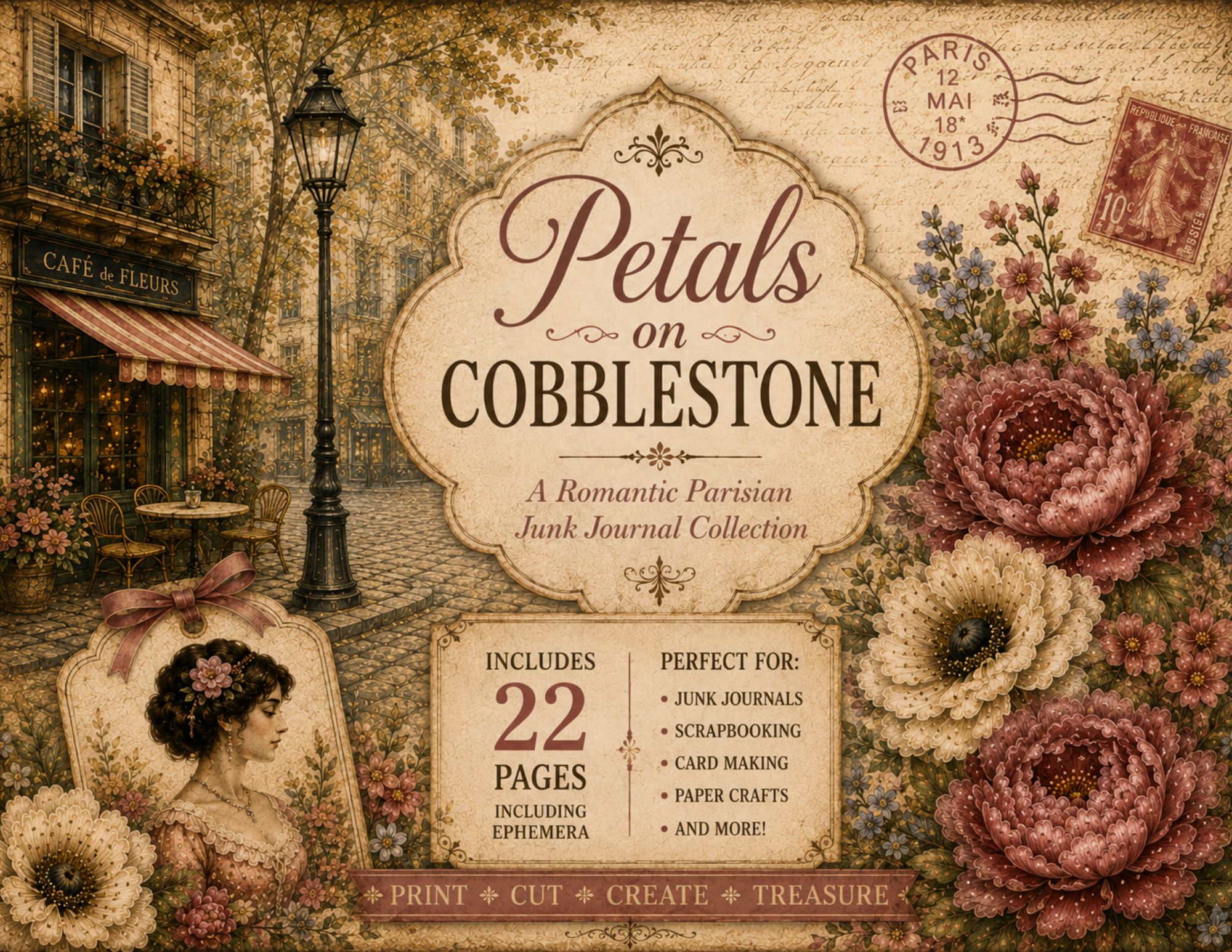 PRINT & SHIP New! Petals on Cobblestone Romantic Journal Kit ~ 22 pages by E