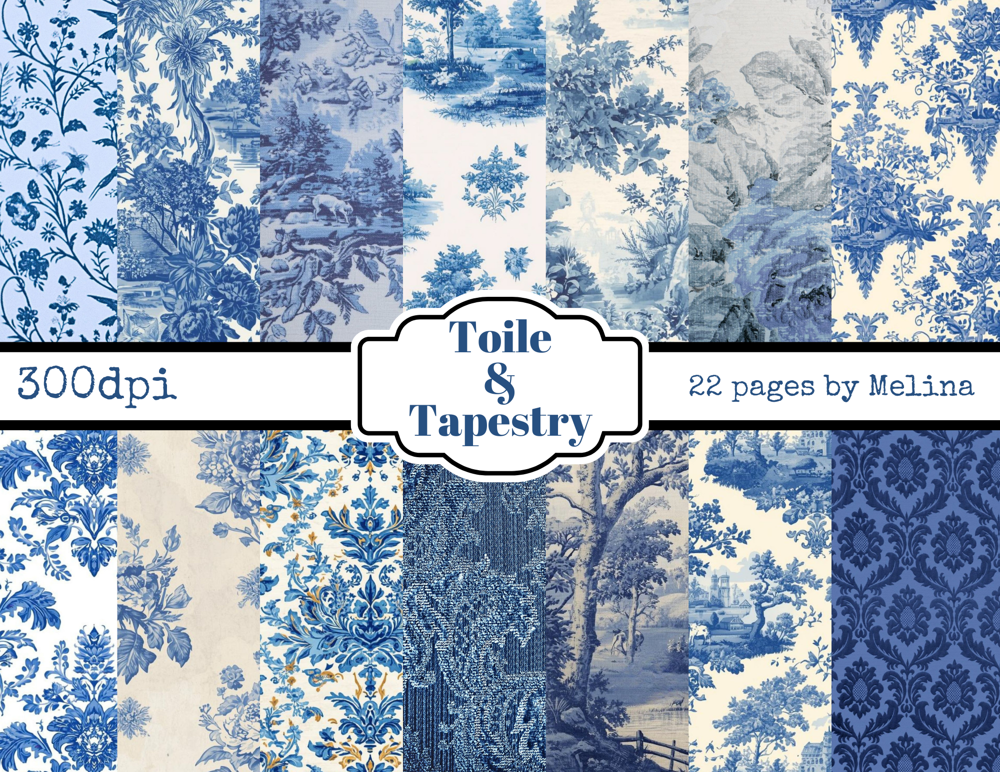Toile and Tapestry – Vintage Blue Toile & Tapestry Digital Papers