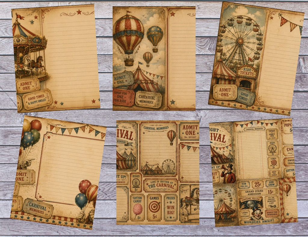 New! Vintage Carnival Junk Journal Kit, Circus Printable Pages, Carnival Ephemera