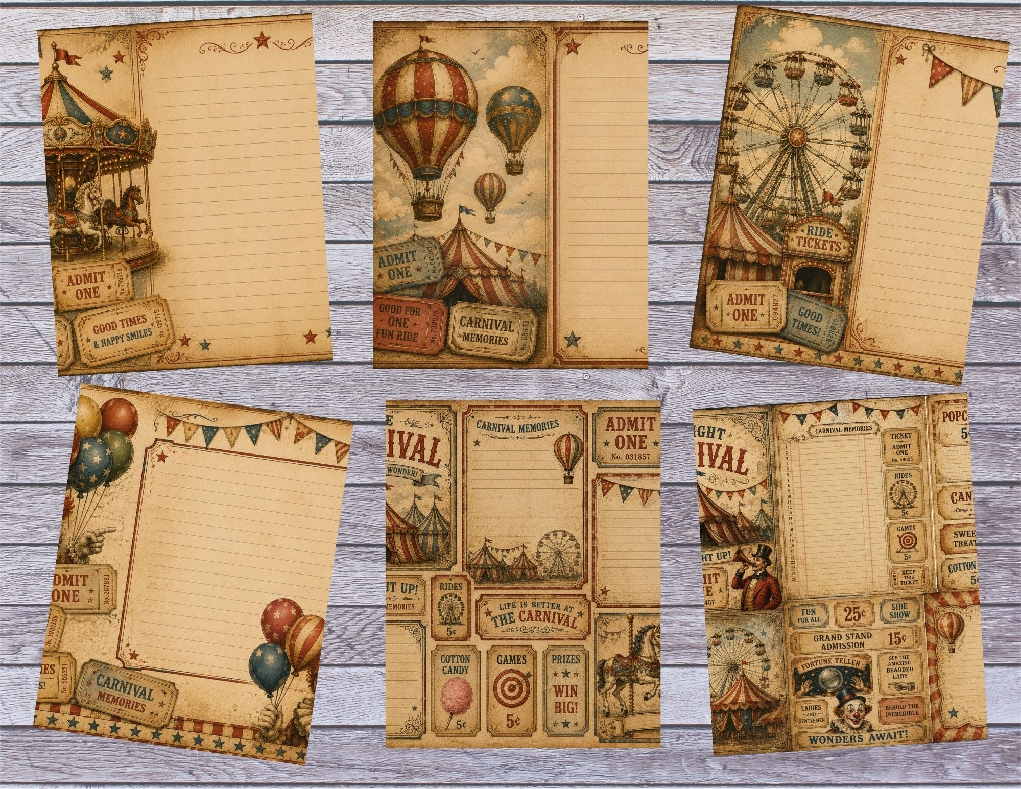 New! Vintage Carnival Junk Journal Kit, Circus Printable Pages, Carnival Ephemera