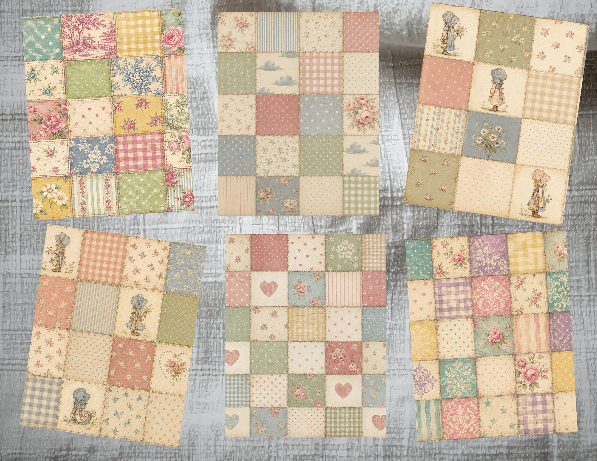 PRINT & SHIP New! Vintage Patchwork Backgrounds Journal Kit ~ 20 pages by Melina