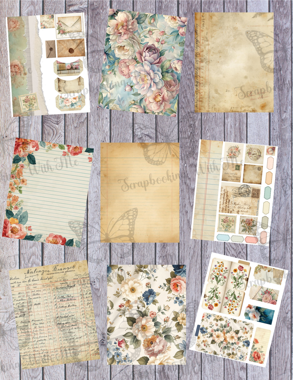 Ledger & Vintage Wallpaper – Tall Junk Journal Digital Kit (23 Pages)