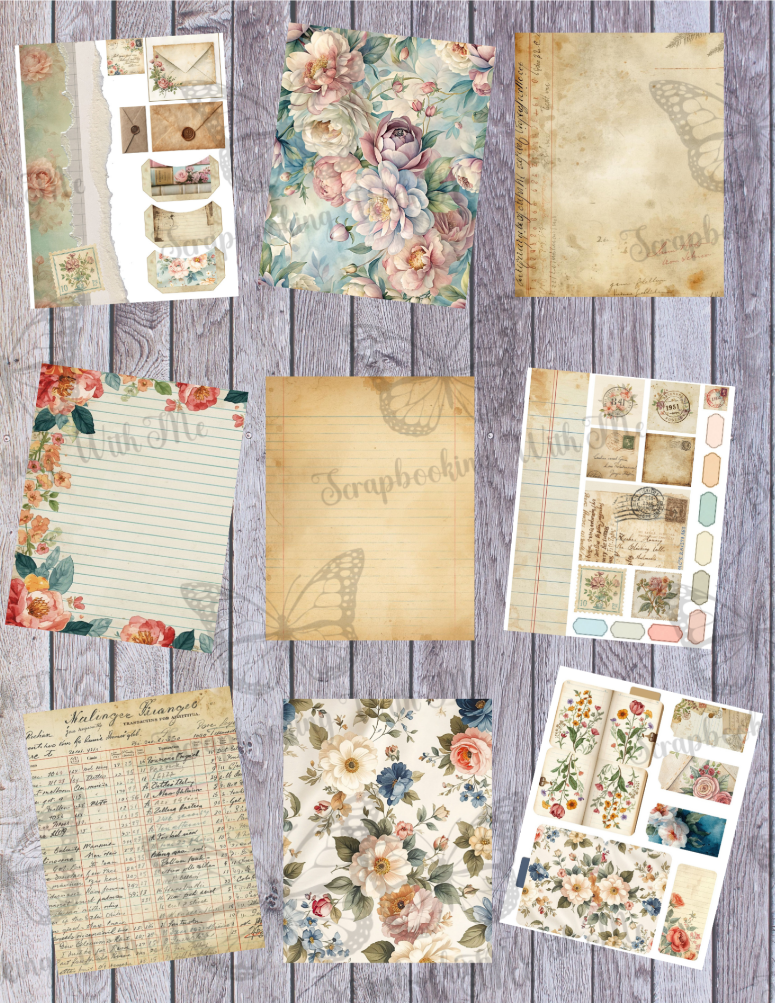 Ledger & Vintage Wallpaper – Tall Junk Journal Digital Kit (23 Pages)