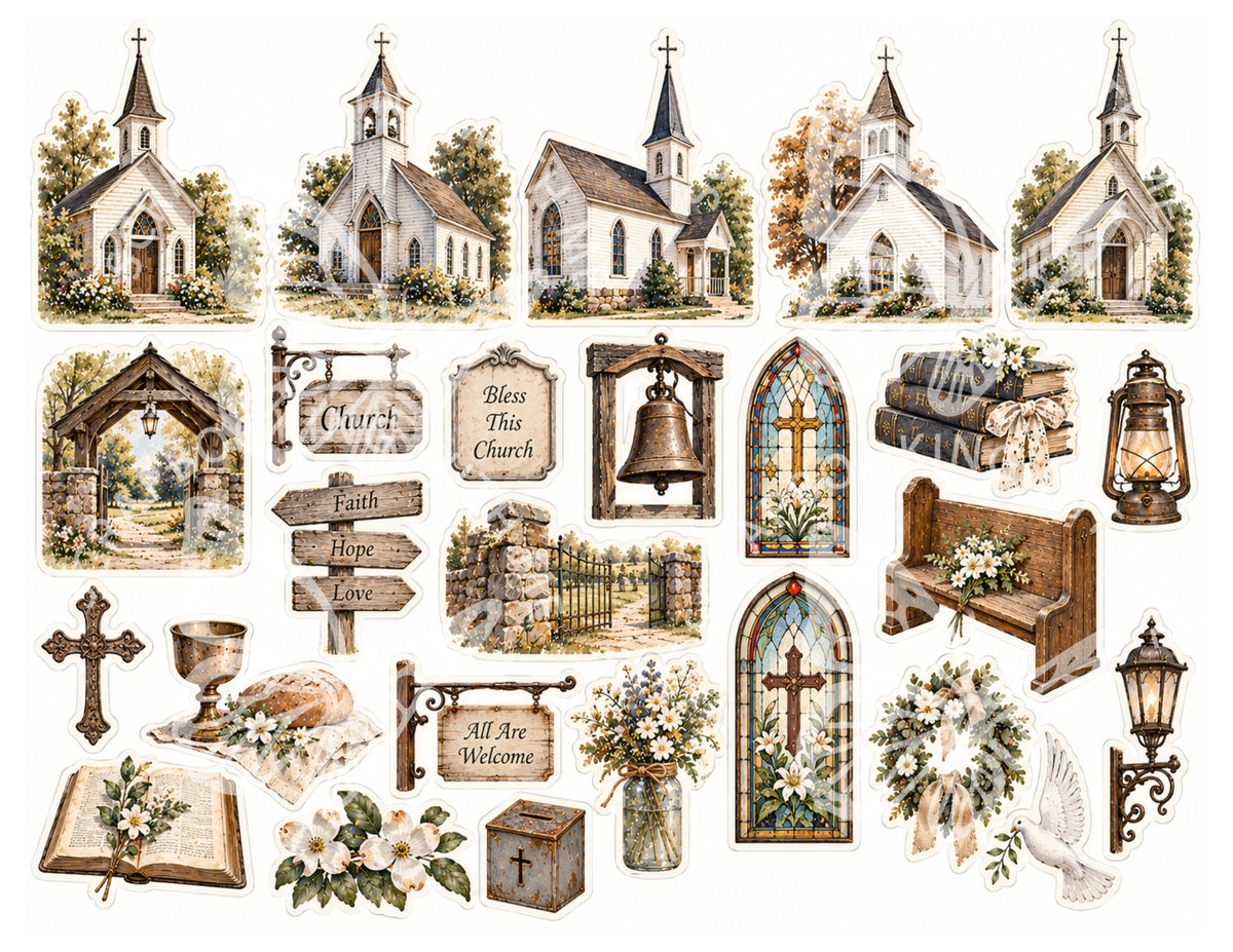 NEW - The Old Church House by M | Vintage Church Junk Journal Digital Kit | 25 Printable Pages | Faith & Hymn Ephemera