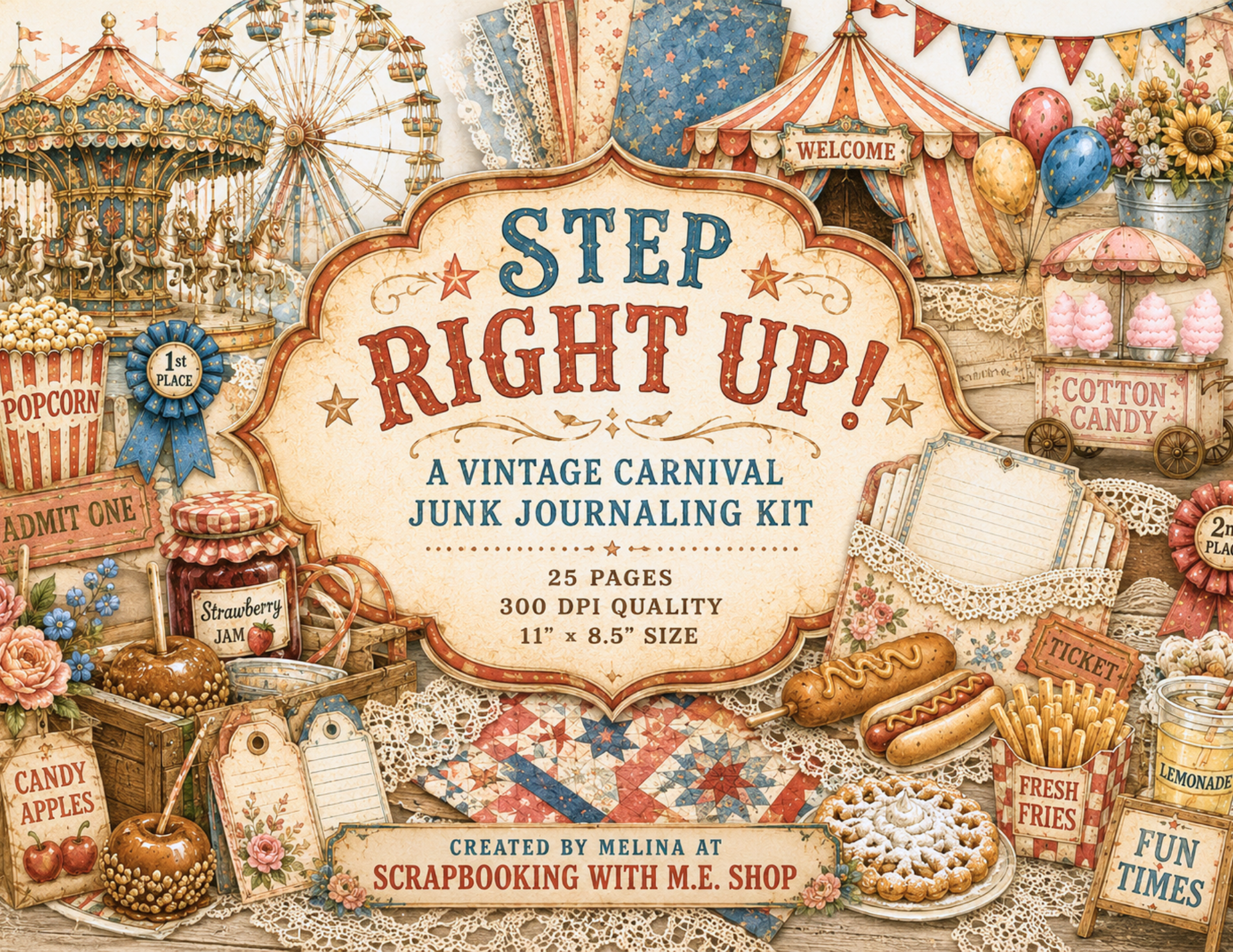 New! Step Right Up! Vintage Carnival Digital Journal Kit ~ 25 pages by Melina