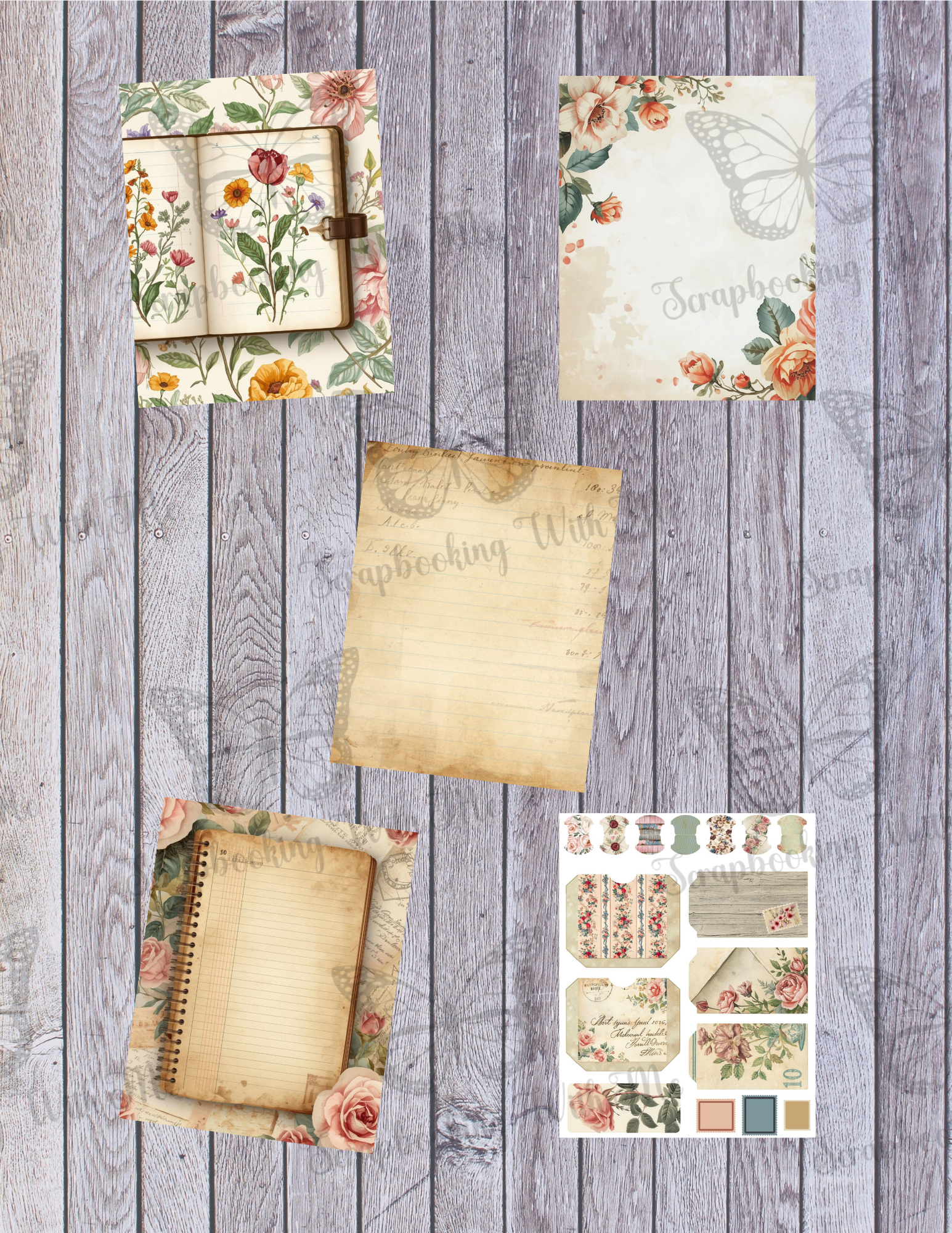Ledger & Vintage Wallpaper – Tall Junk Journal Digital Kit (23 Pages)