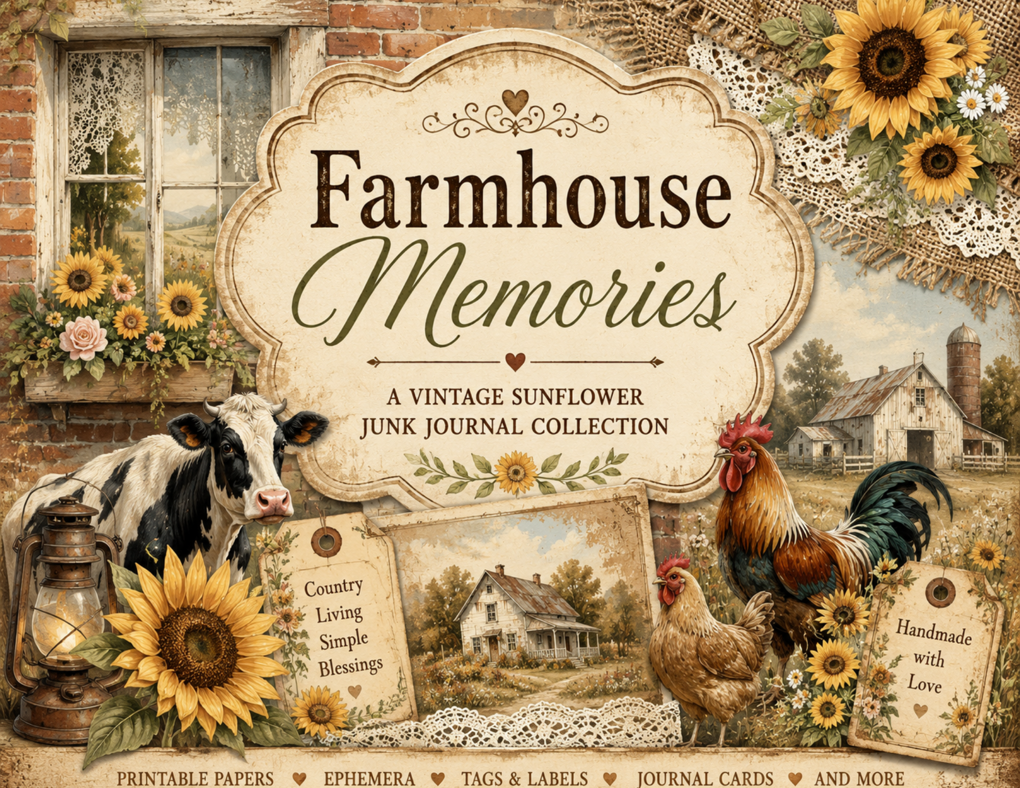 PRINT & SHIP New! Farmhouse Memories – Vintage Farmhouse & Sunflower Journal Collection ~ 26 pages by E
