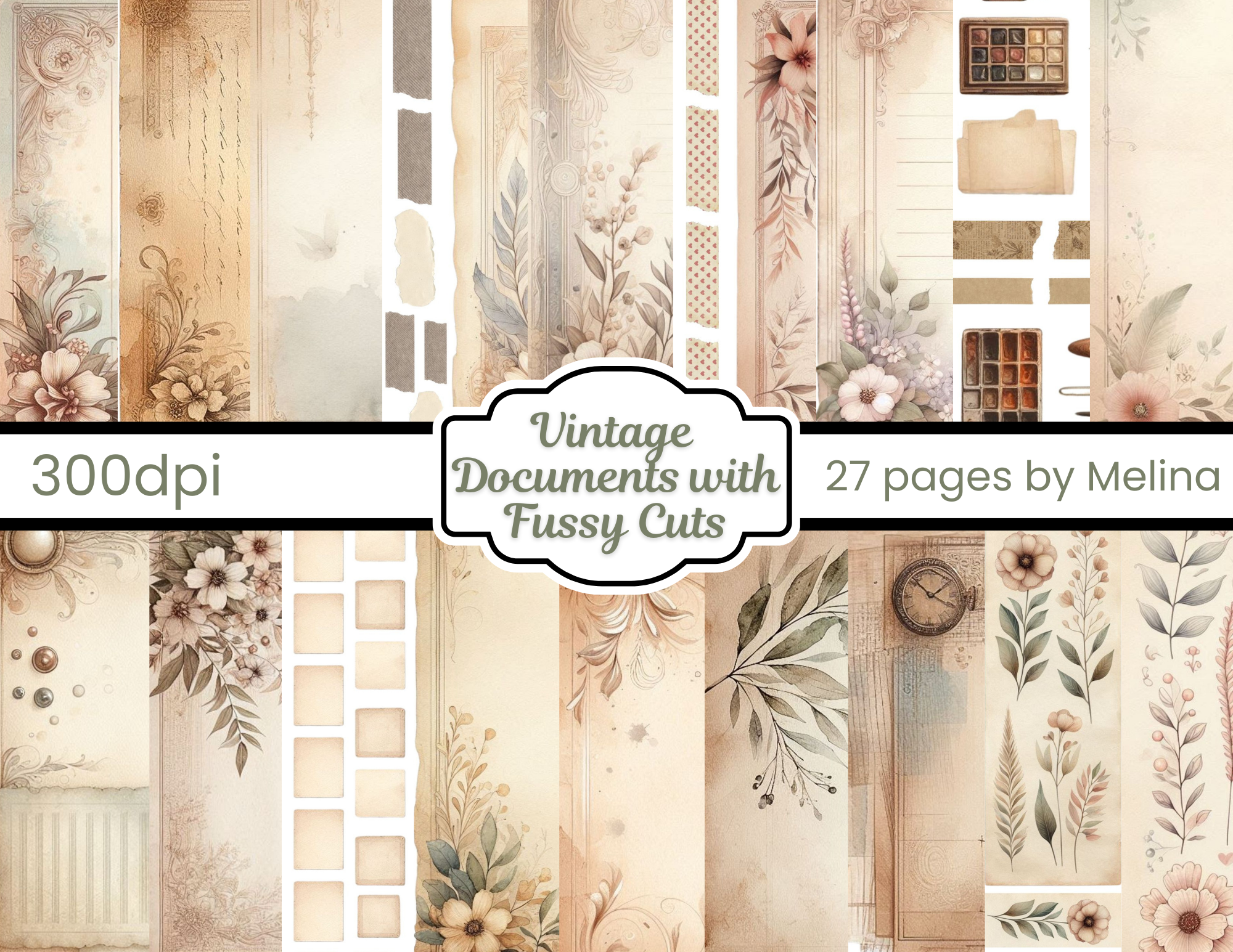 NEW Vintage Documents and Fussy Cuts Kit 27 pages – by Melina