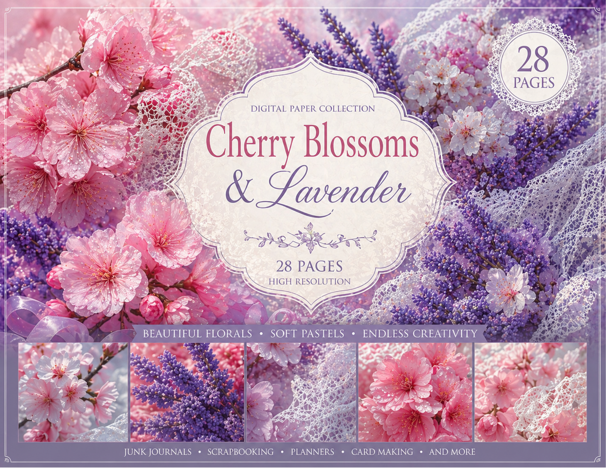 Print and Ship Cherry Blossoms & Lavender Paper Collection | 28 Pages | Vintage Floral Junk Journal Kit