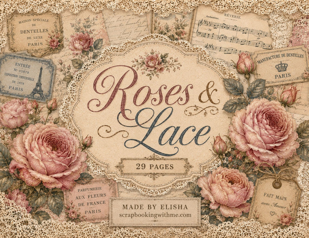 New Roses & Lace Digital Junk Journal Kit | Vintage French Shabby Chic Papers and Lace by Elisha