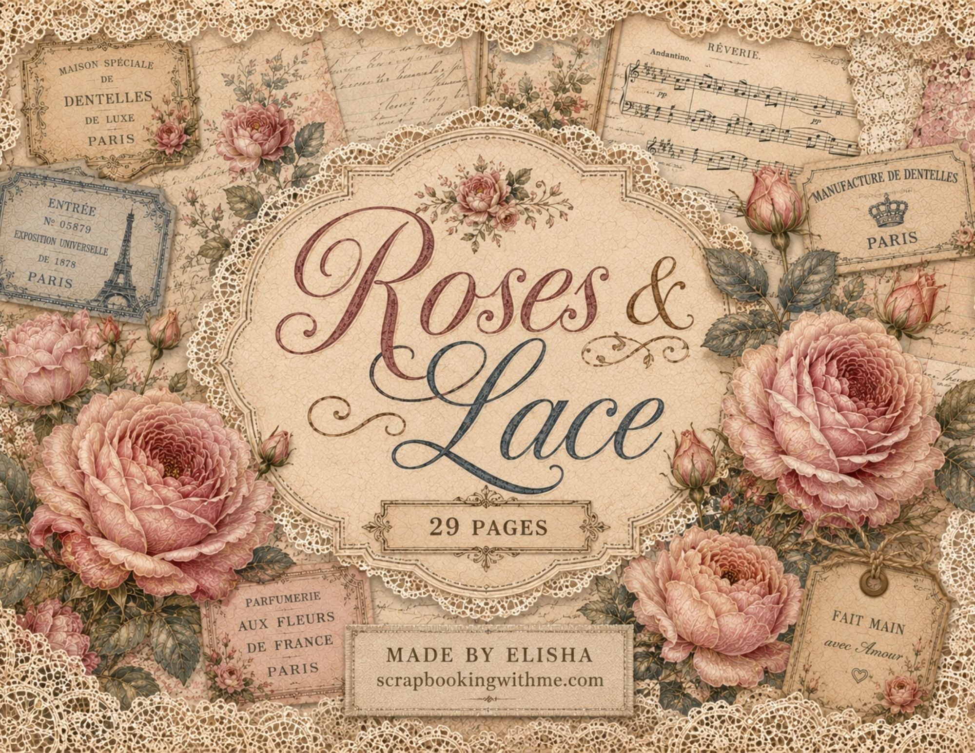 New Roses & Lace Digital Junk Journal Kit | Vintage French Shabby Chic Papers and Lace by Elisha