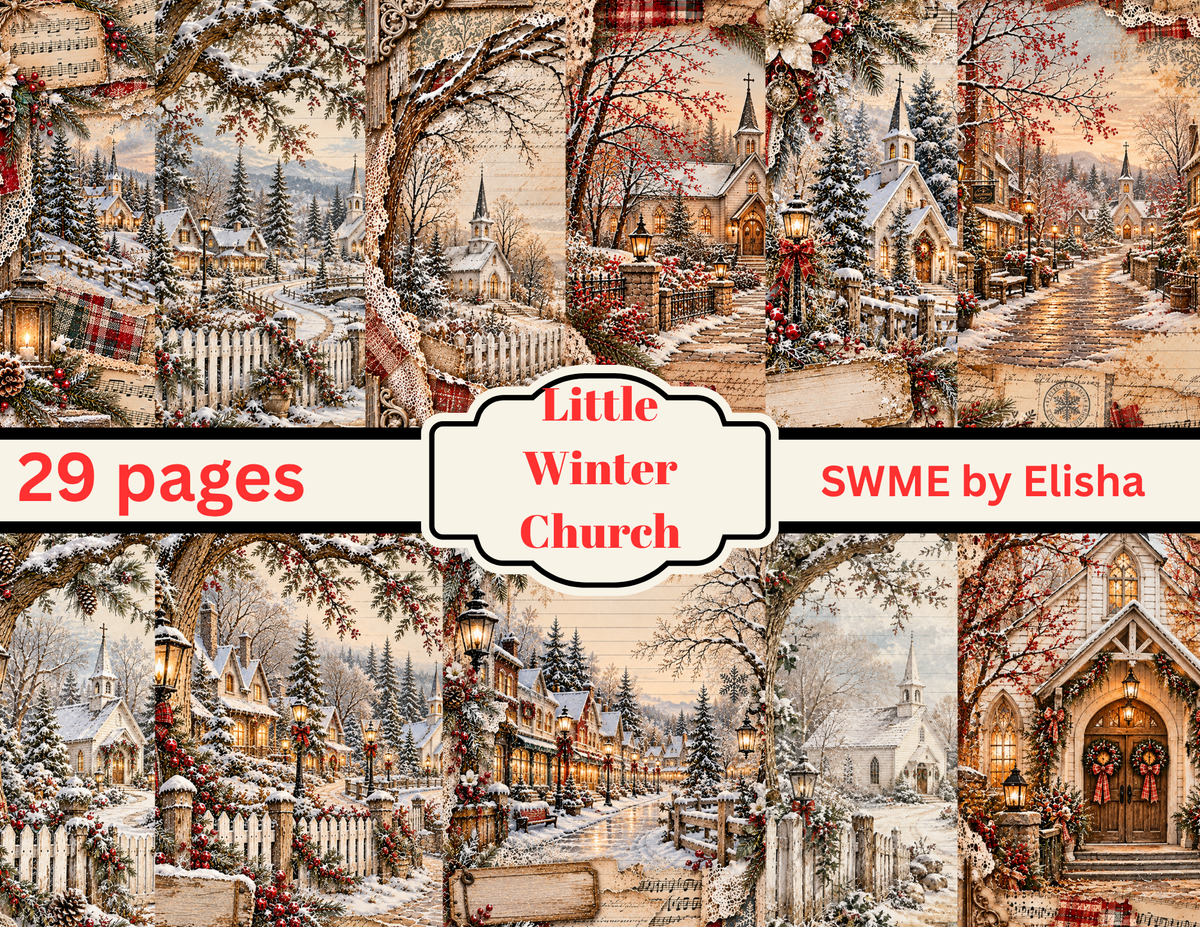 New! Little Winter Church by Elisha – 29 Page Vintage Christmas Junk Journal Kit with Ephemera