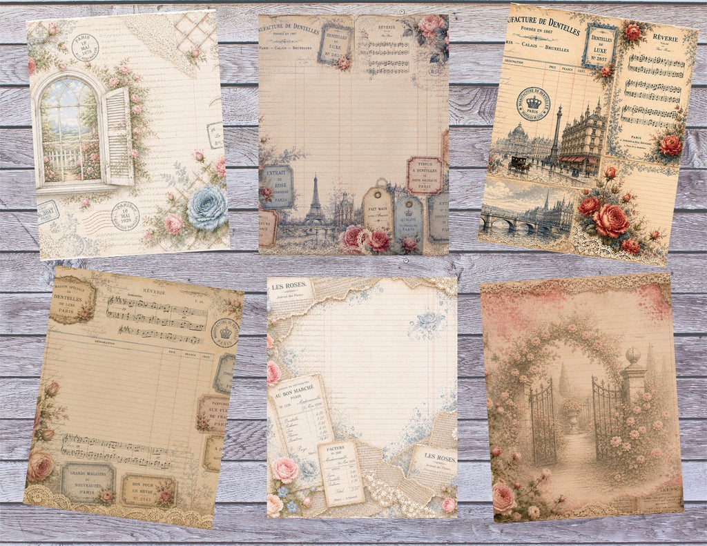 New Roses & Lace Digital Junk Journal Kit | Vintage French Shabby Chic Papers and Lace by Elisha