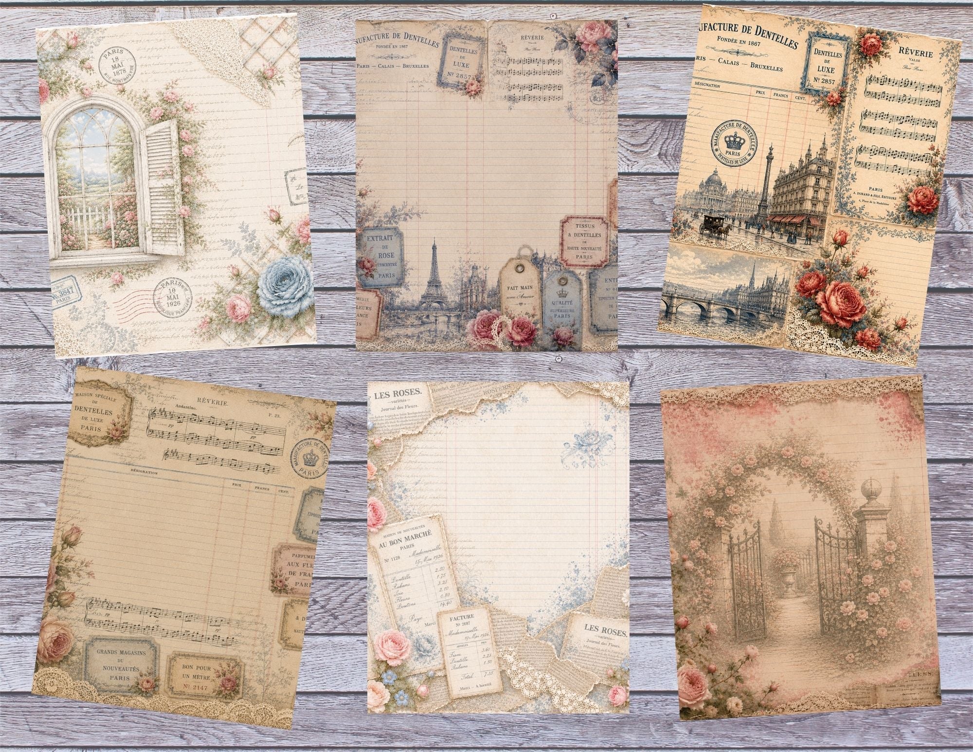 New Roses & Lace Digital Junk Journal Kit | Vintage French Shabby Chic Papers and Lace by Elisha