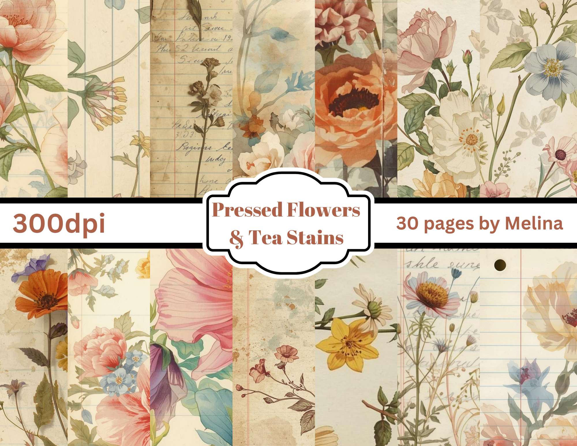 Pressed Flowers and Tea Stains – Vintage Floral Junk Journal Digital Kit