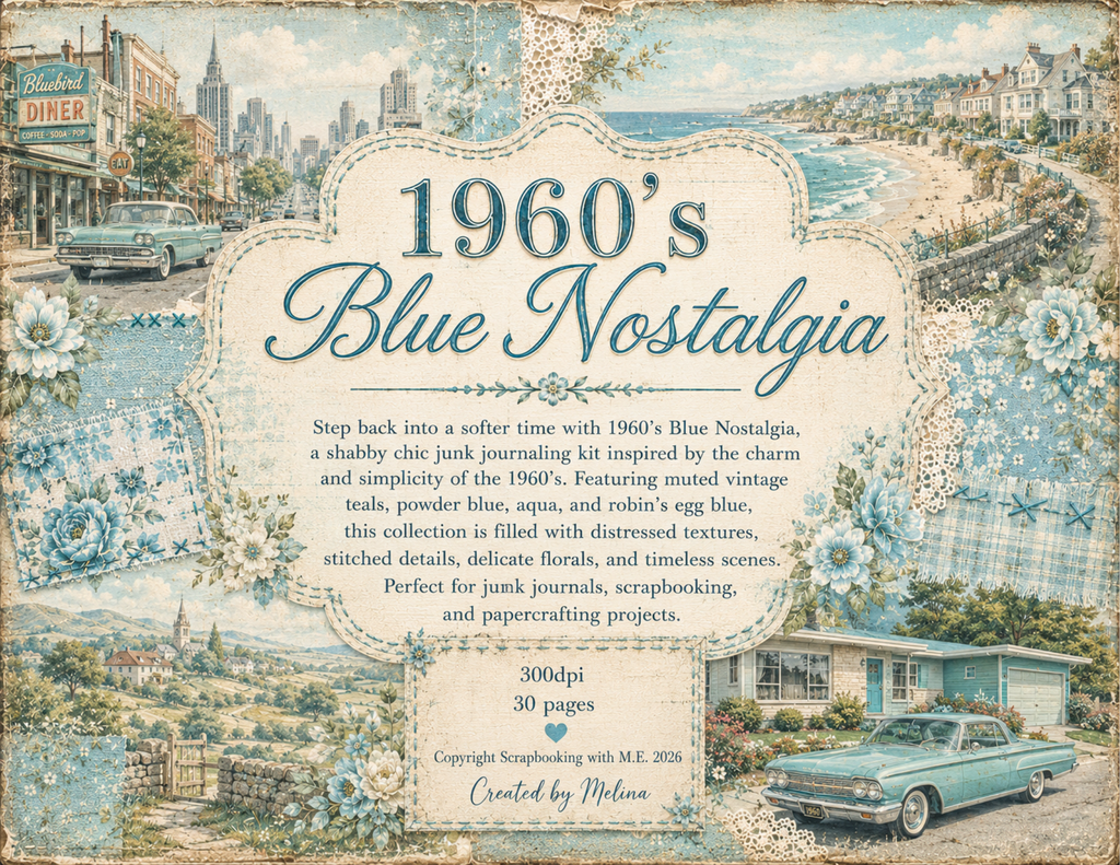 PRINT & SHIP 1960's Blue Nostalgia Journal Kit ~ 30 pages by Melina