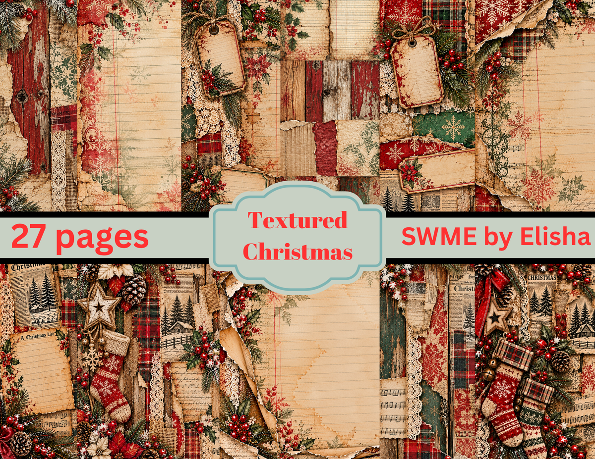 New! Textured Christmas – 27 Page Vintage Christmas Junk Journal Digital Collection by Elisha