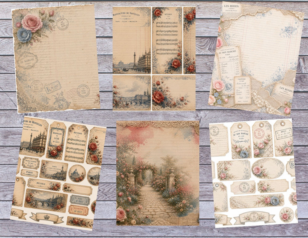 New Roses & Lace Digital Junk Journal Kit | Vintage French Shabby Chic Papers and Lace by Elisha