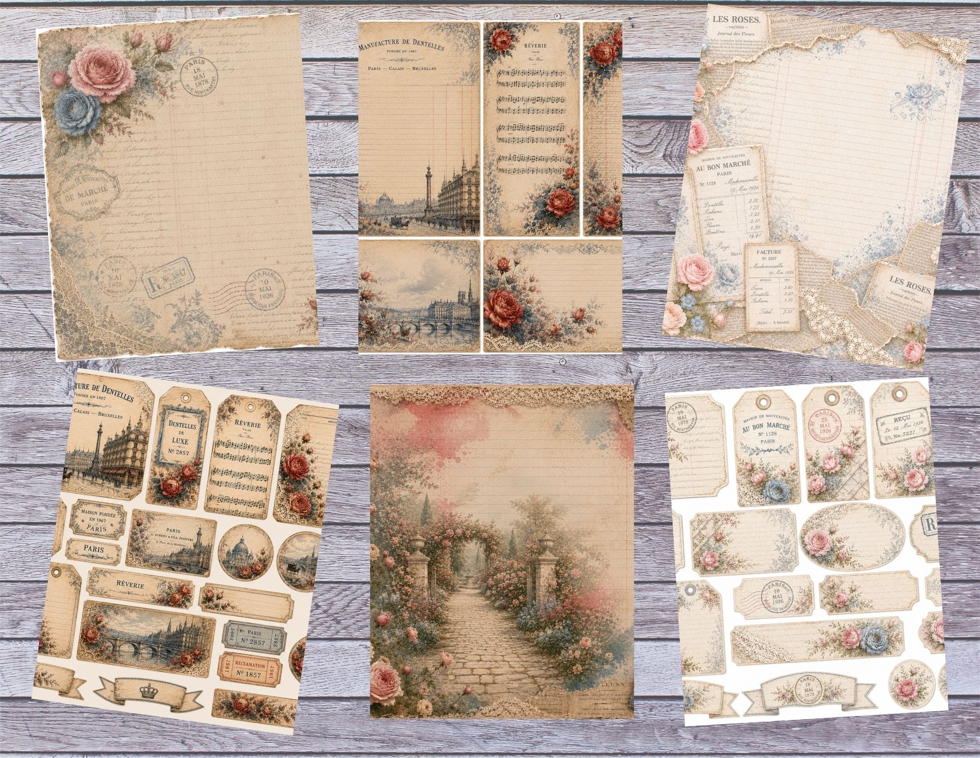 New Roses & Lace Digital Junk Journal Kit | Vintage French Shabby Chic Papers and Lace by Elisha