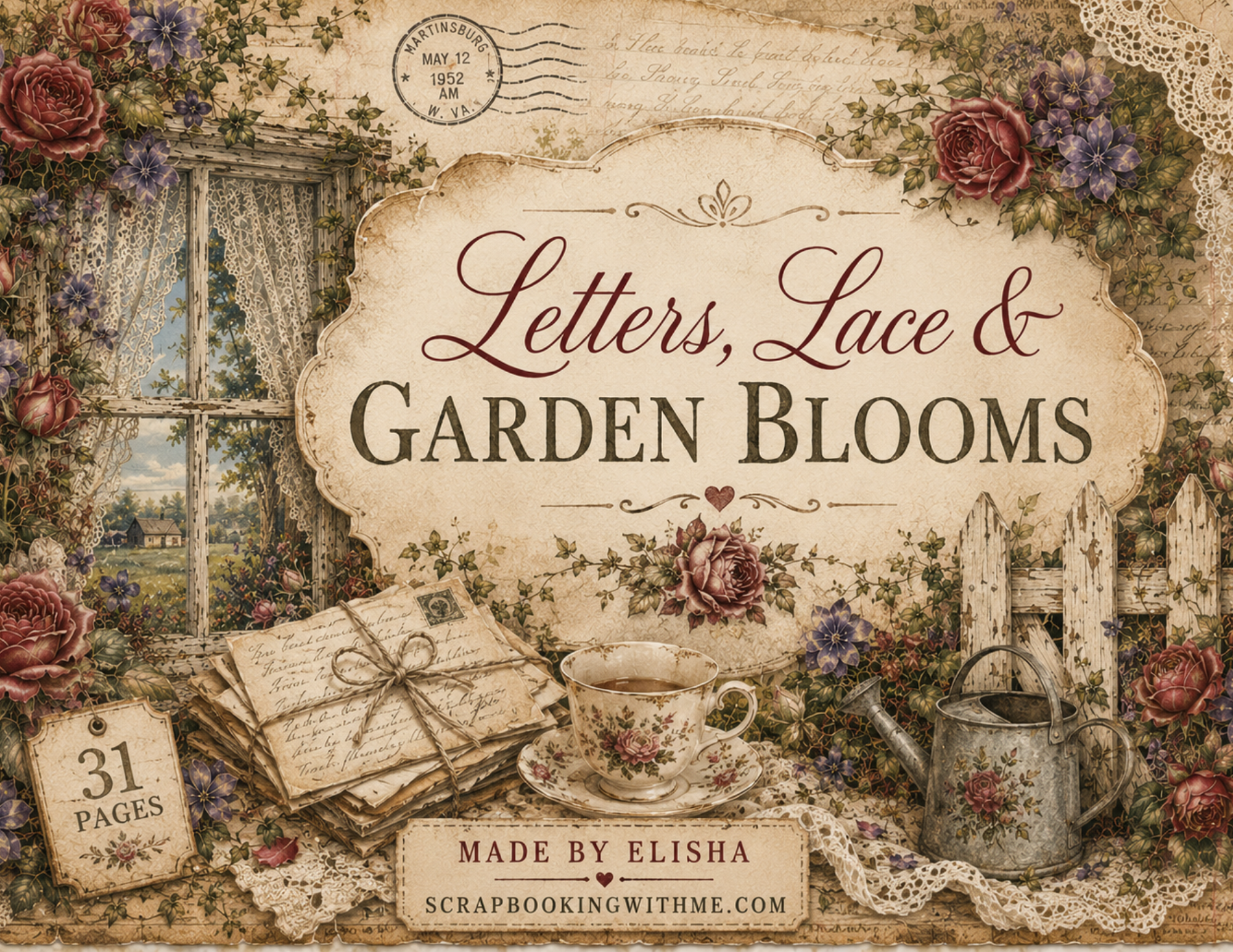 New! PRINT & SHIP Letters, Lace & Garden Blooms Journal kit ~ 31 pages by Elisha
