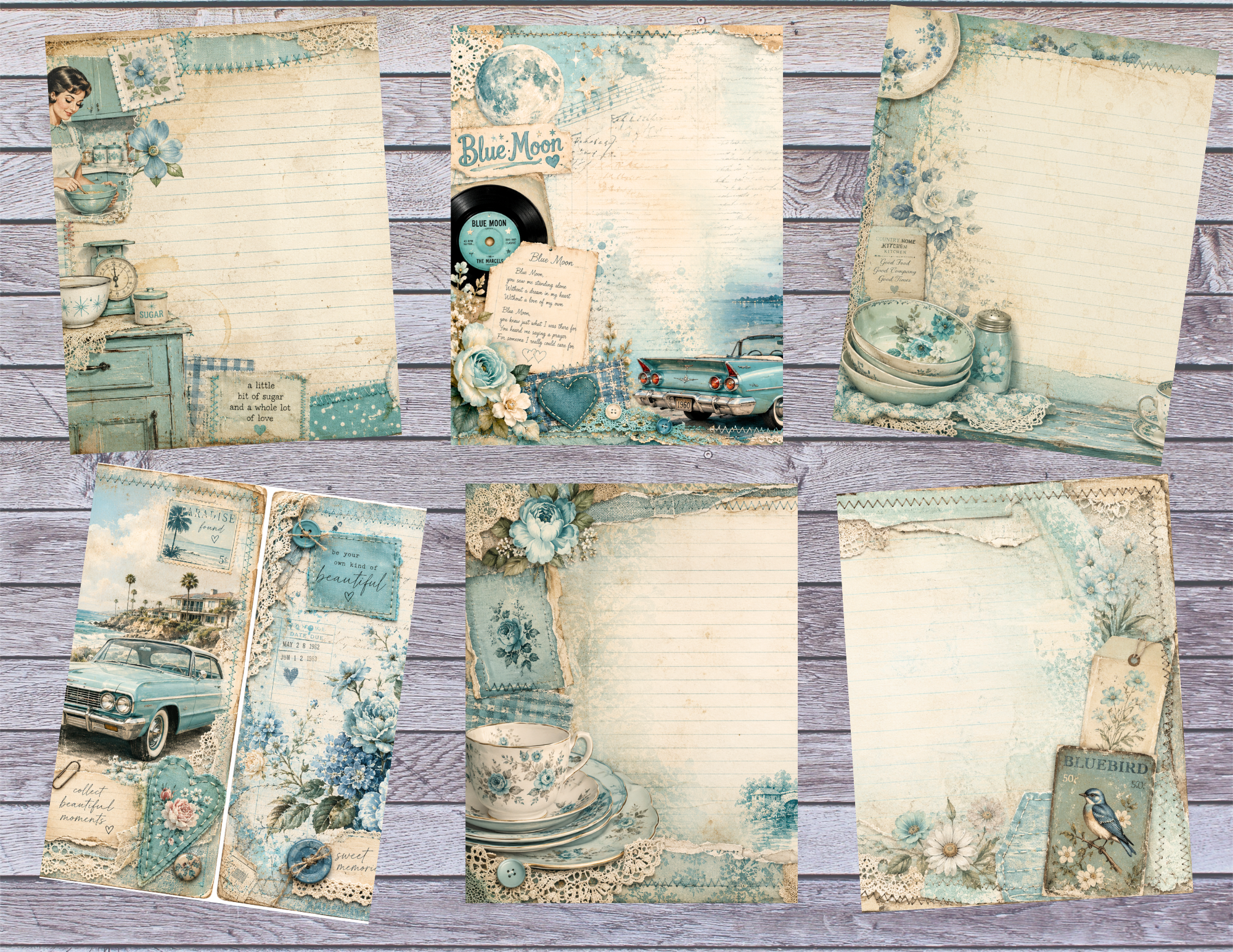 PRINT & SHIP 1960's Blue Nostalgia Journal Kit ~ 30 pages by Melina