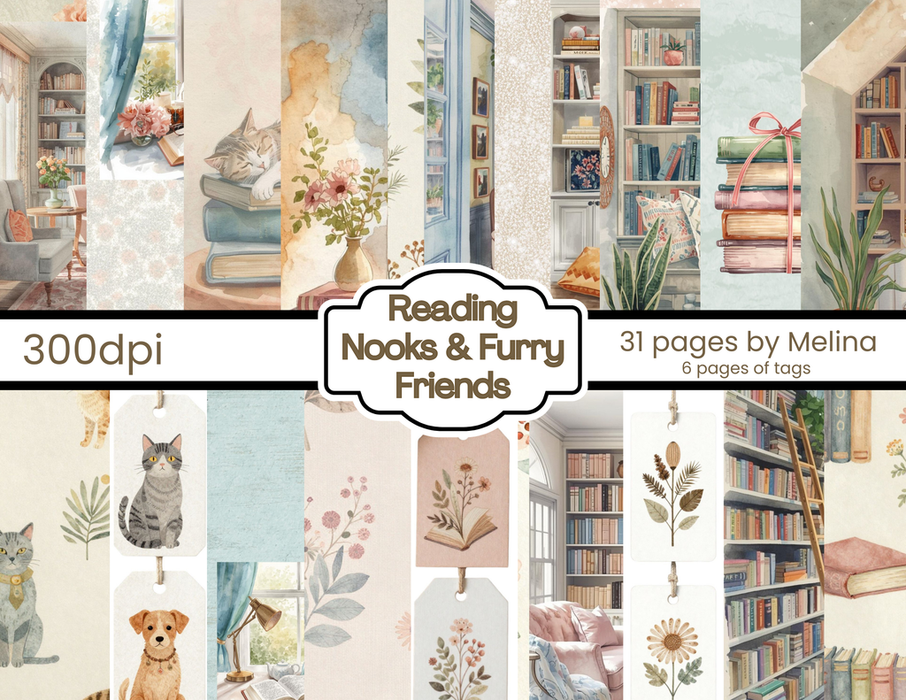 Reading Nooks & Furry Friends – Cozy Bookish Junk Journal Kit (31 Pages + Tags)