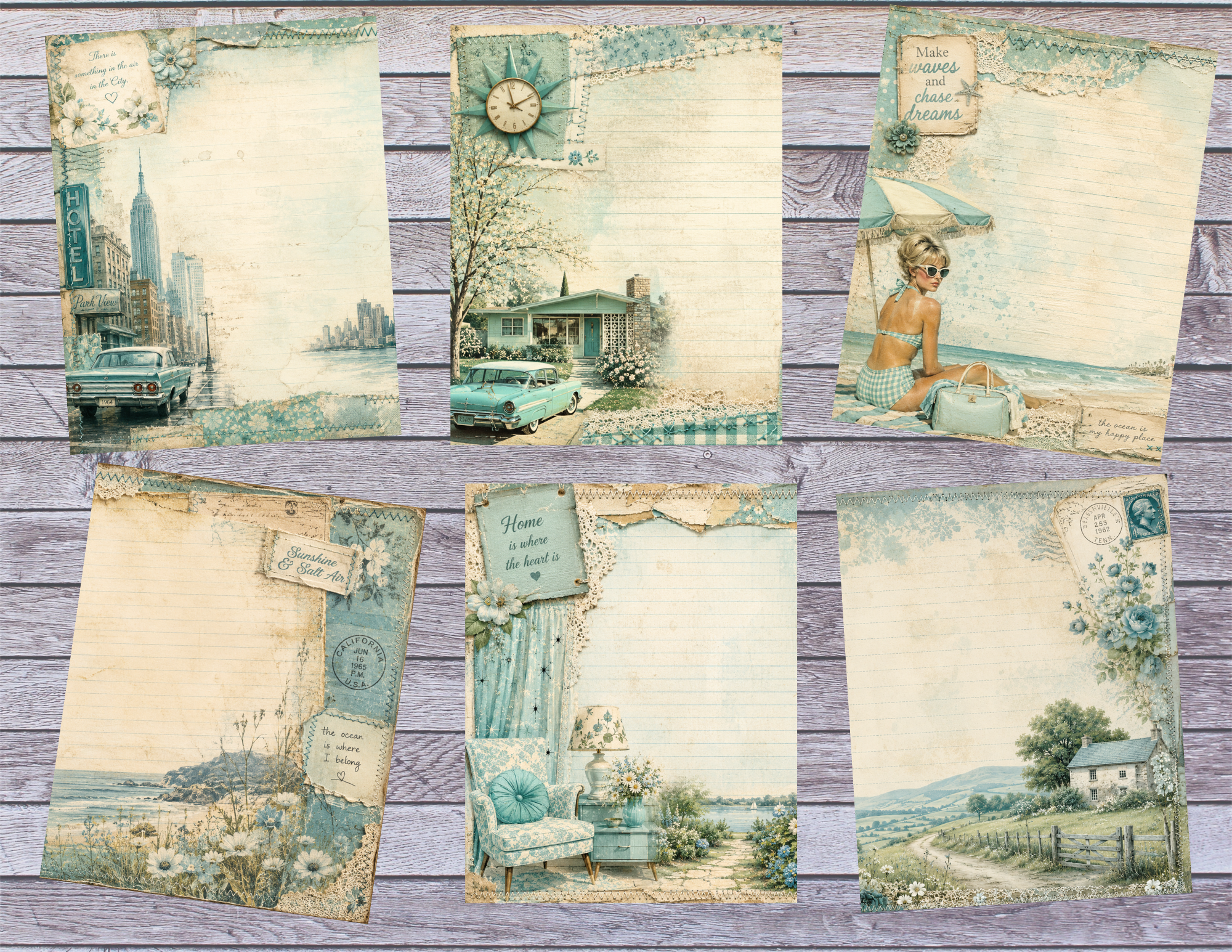 PRINT & SHIP 1960's Blue Nostalgia Journal Kit ~ 30 pages by Melina