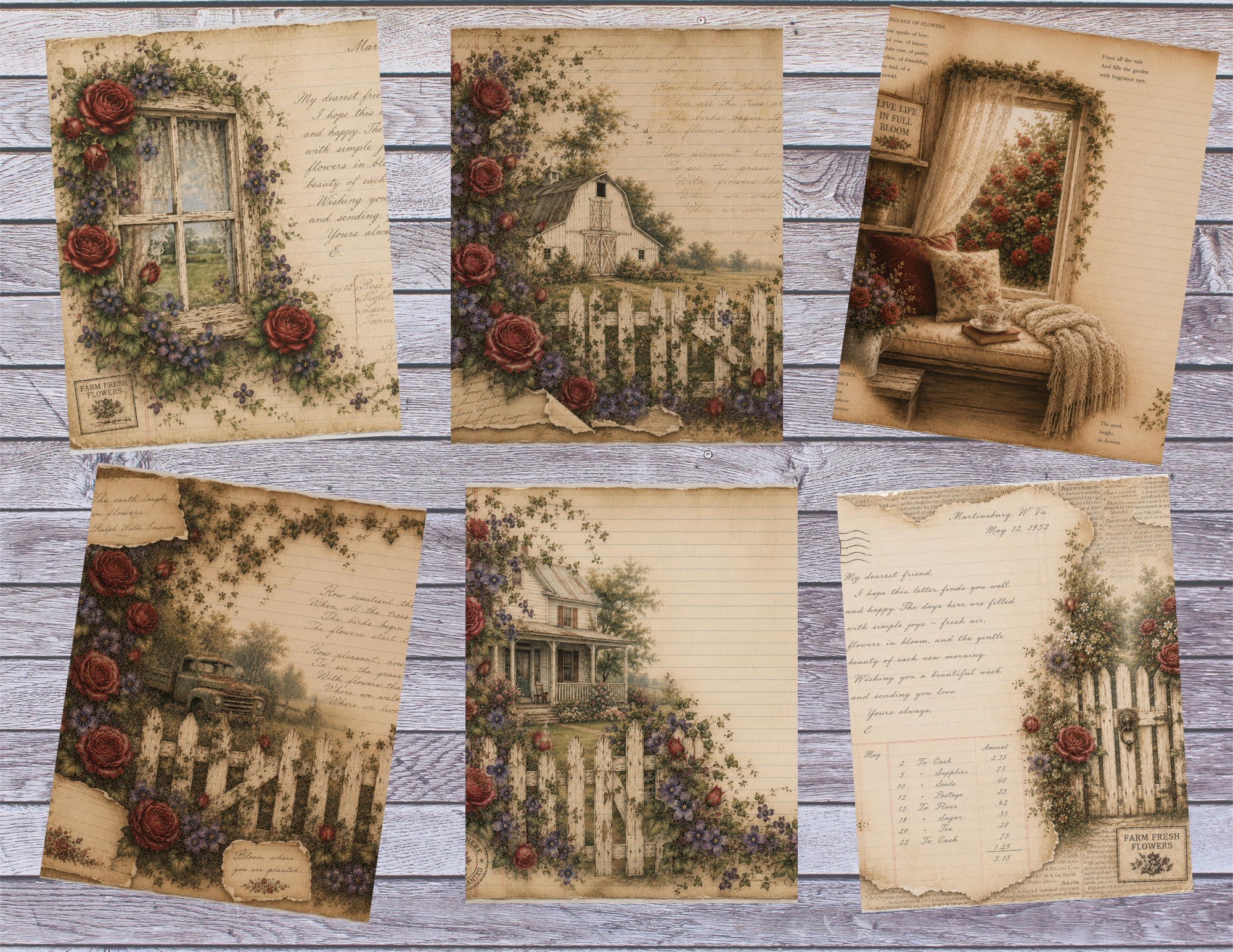 New! PRINT & SHIP Letters, Lace & Garden Blooms Journal kit ~ 31 pages by Elisha