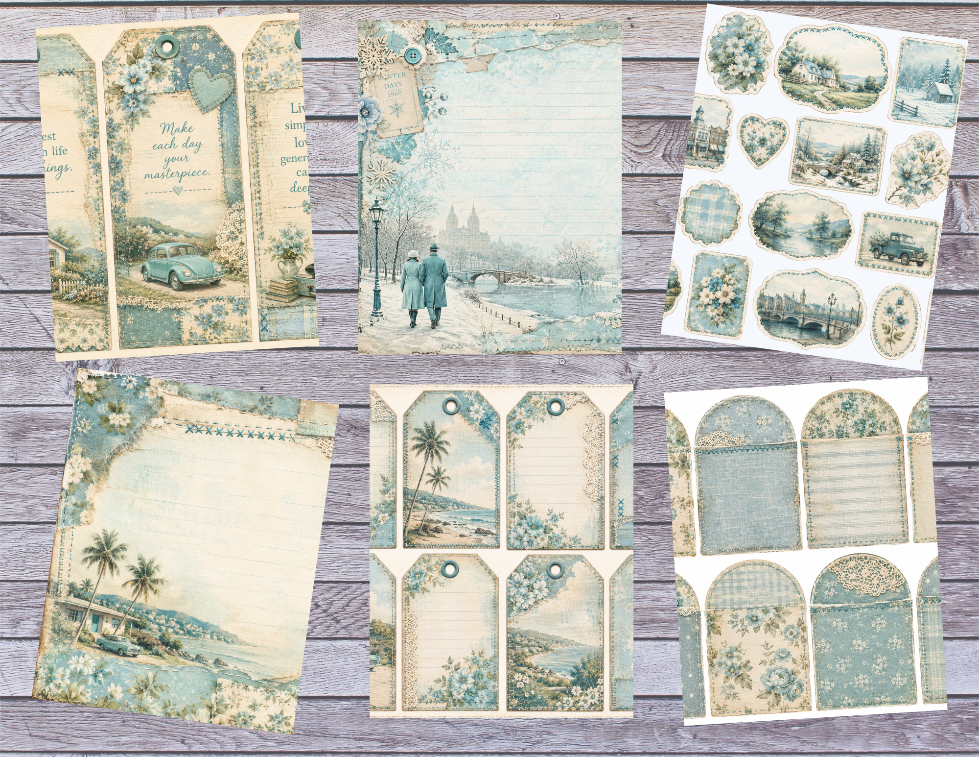PRINT & SHIP 1960's Blue Nostalgia Journal Kit ~ 30 pages by Melina