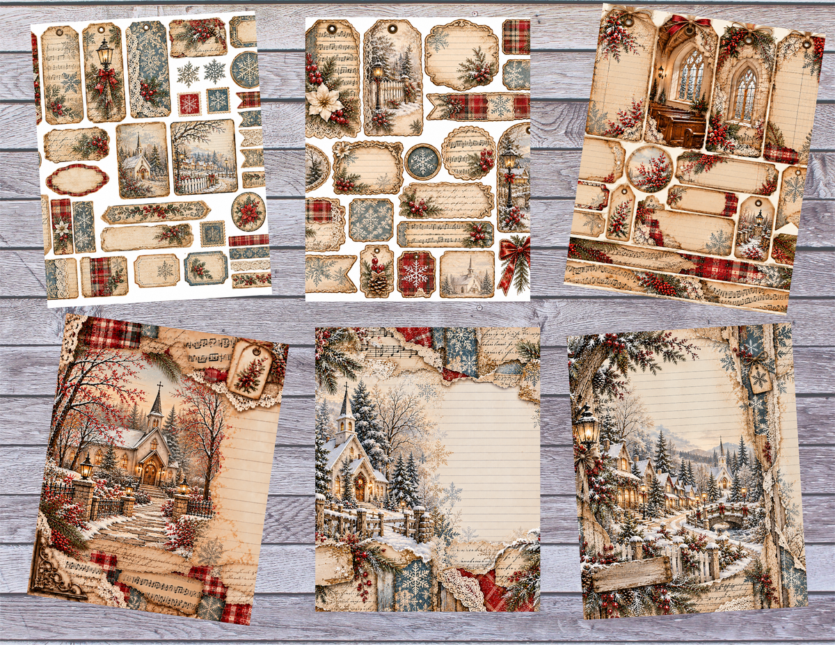 New! Little Winter Church by Elisha – 29 Page Vintage Christmas Junk Journal Kit with Ephemera