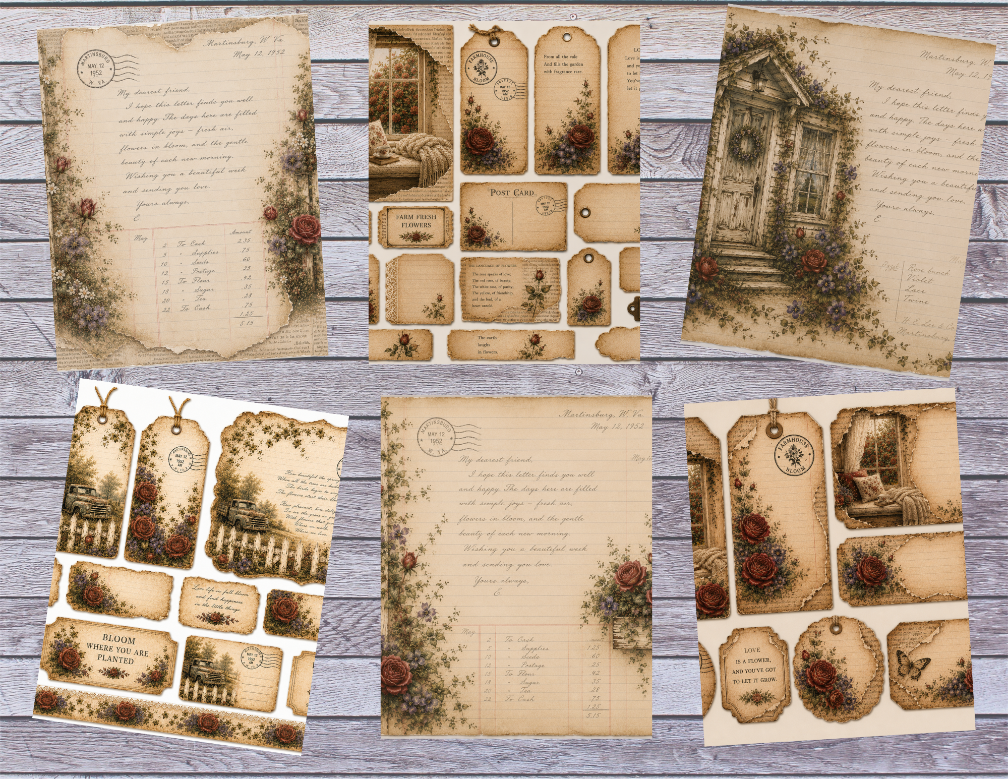 New! PRINT & SHIP Letters, Lace & Garden Blooms Journal kit ~ 31 pages by Elisha