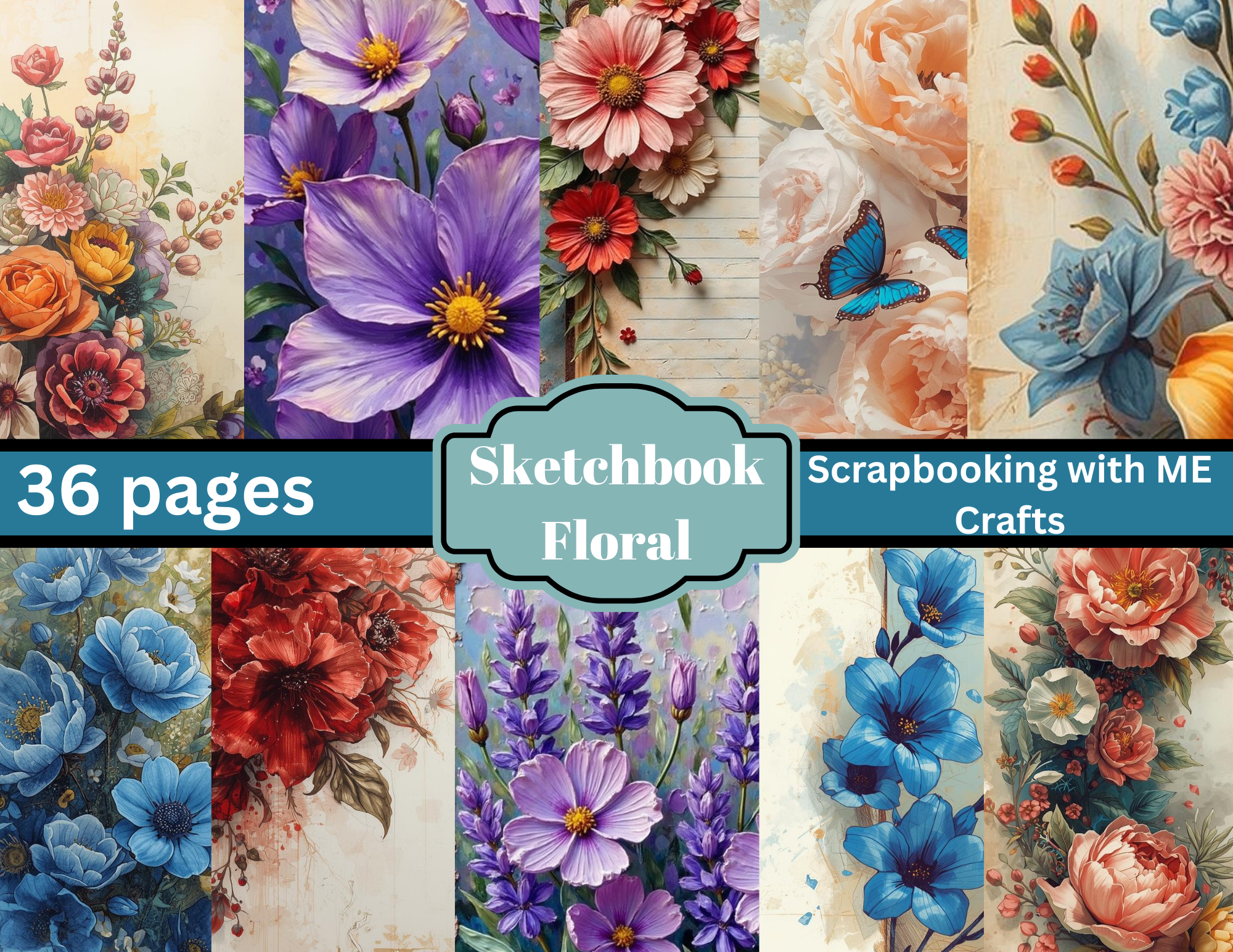 Sketchbook Floral – Painted Floral Junk Journal Digital Kit (36 Pages)
