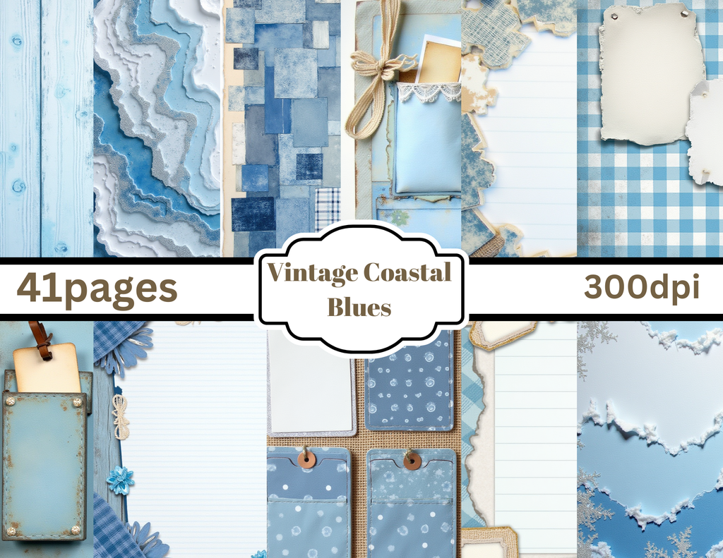 PRINT & SHIP Vintage Coastal Blues Journal Kit ~ 41 Blue Vintage Pages by Elisha
