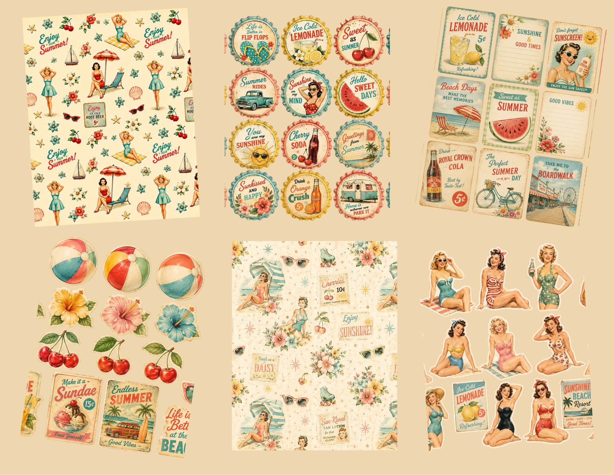 PRINT & SHIP New! Bright Summer Days – Retro Summer Journal Kit ~ 40 pages by Melina